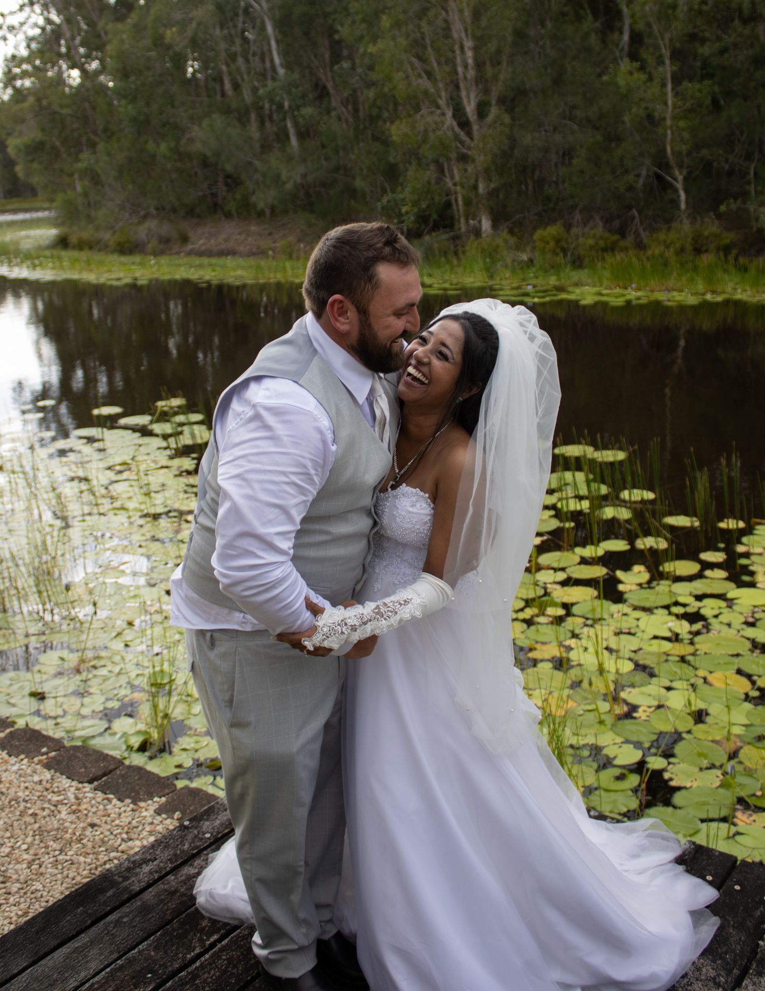 Couple getting their wedding photos done.