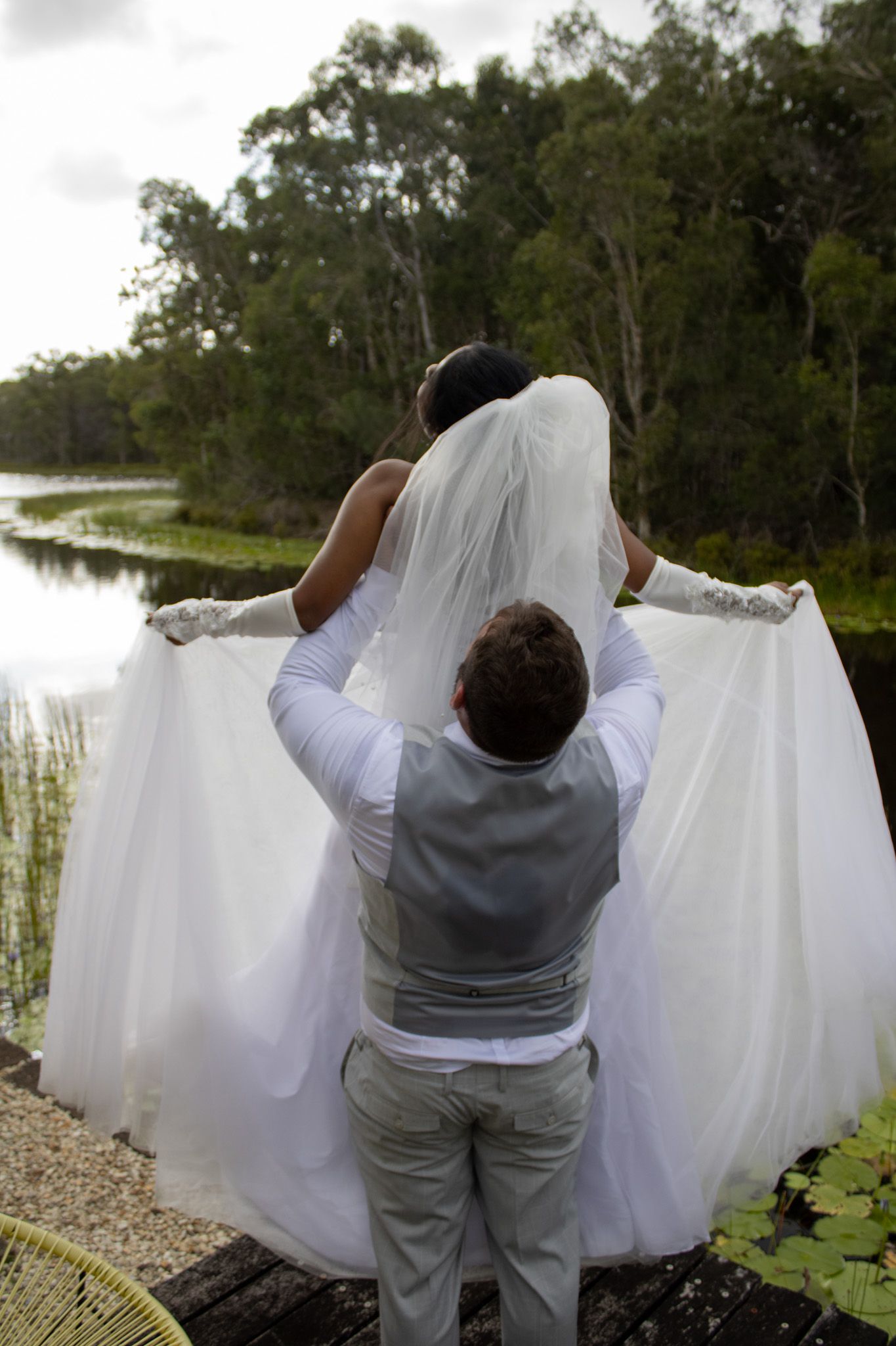 Couple getting their wedding photos done.