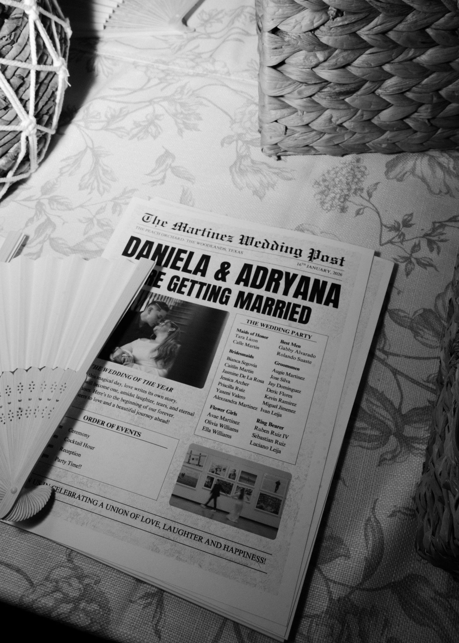 Black and white newspaper clippings showing wedding announcements arranged in a collage style layout.