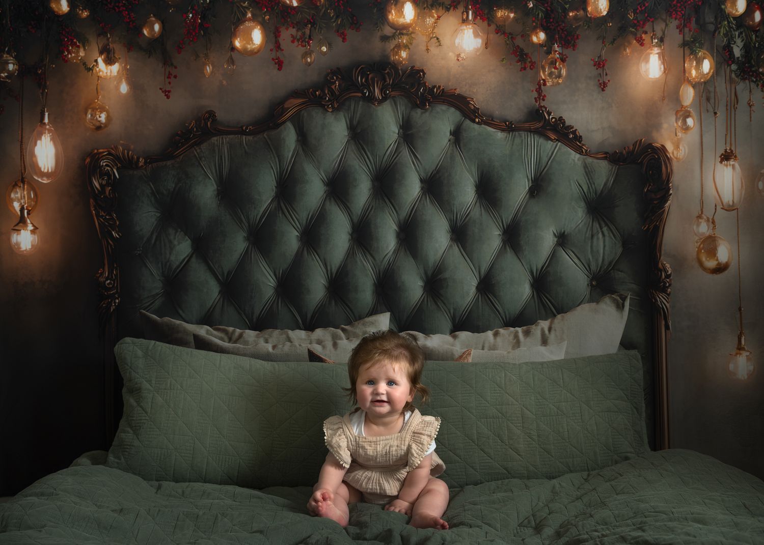 A dark green tufted headboard bed with string lights above creates a cozy bedroom atmosphere.