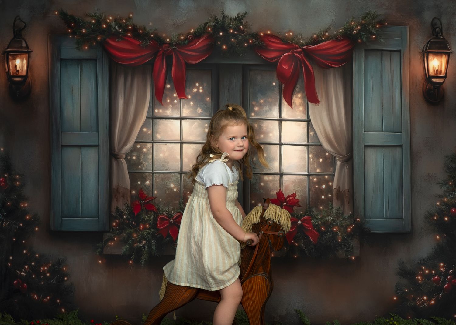 Vintage-style holiday scene with decorated window, blue shutters, red bows, lanterns and rocking horse in warm evening light.