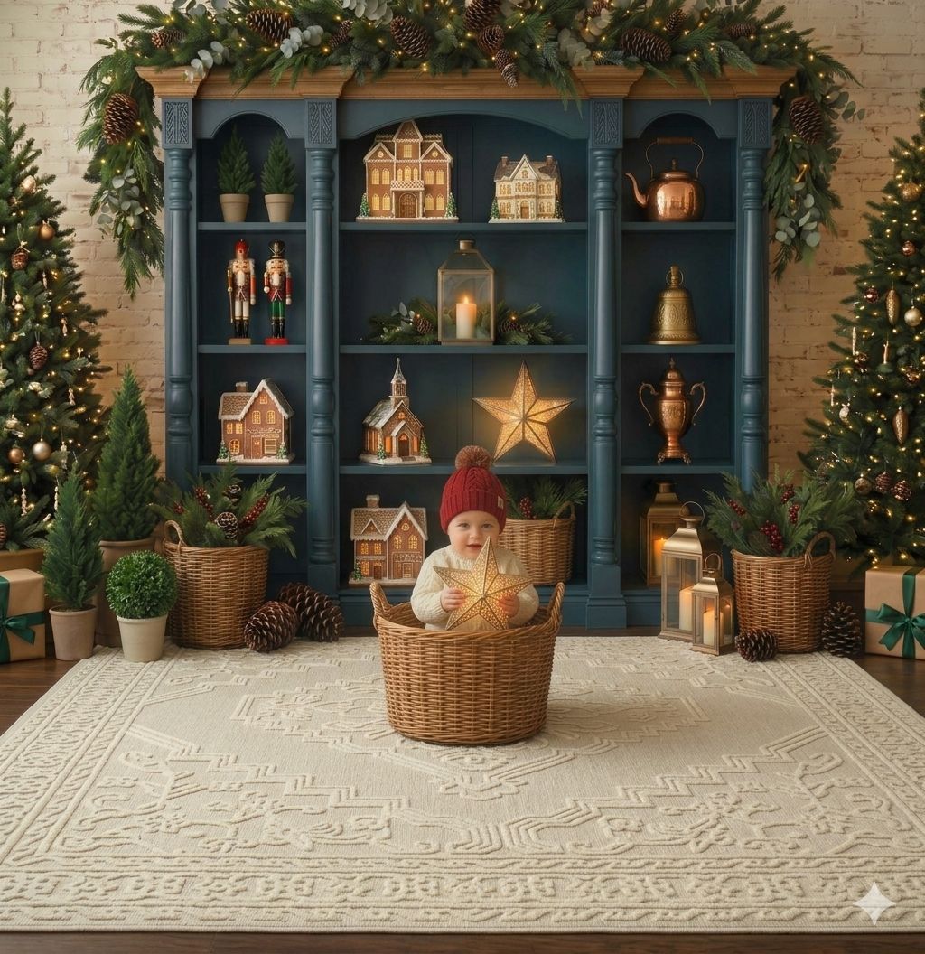 Baby in a wicker basket surrounded by Christmas decorations, nutcrackers, and a festive blue bookshelf backdrop.
