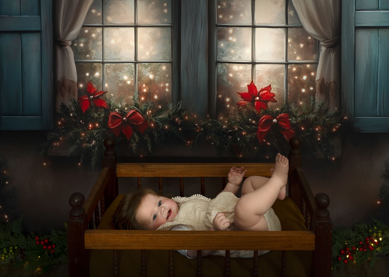 A baby sleeps peacefully on a wooden bench surrounded by twinkling lights and red roses in a dreamy garden setting.