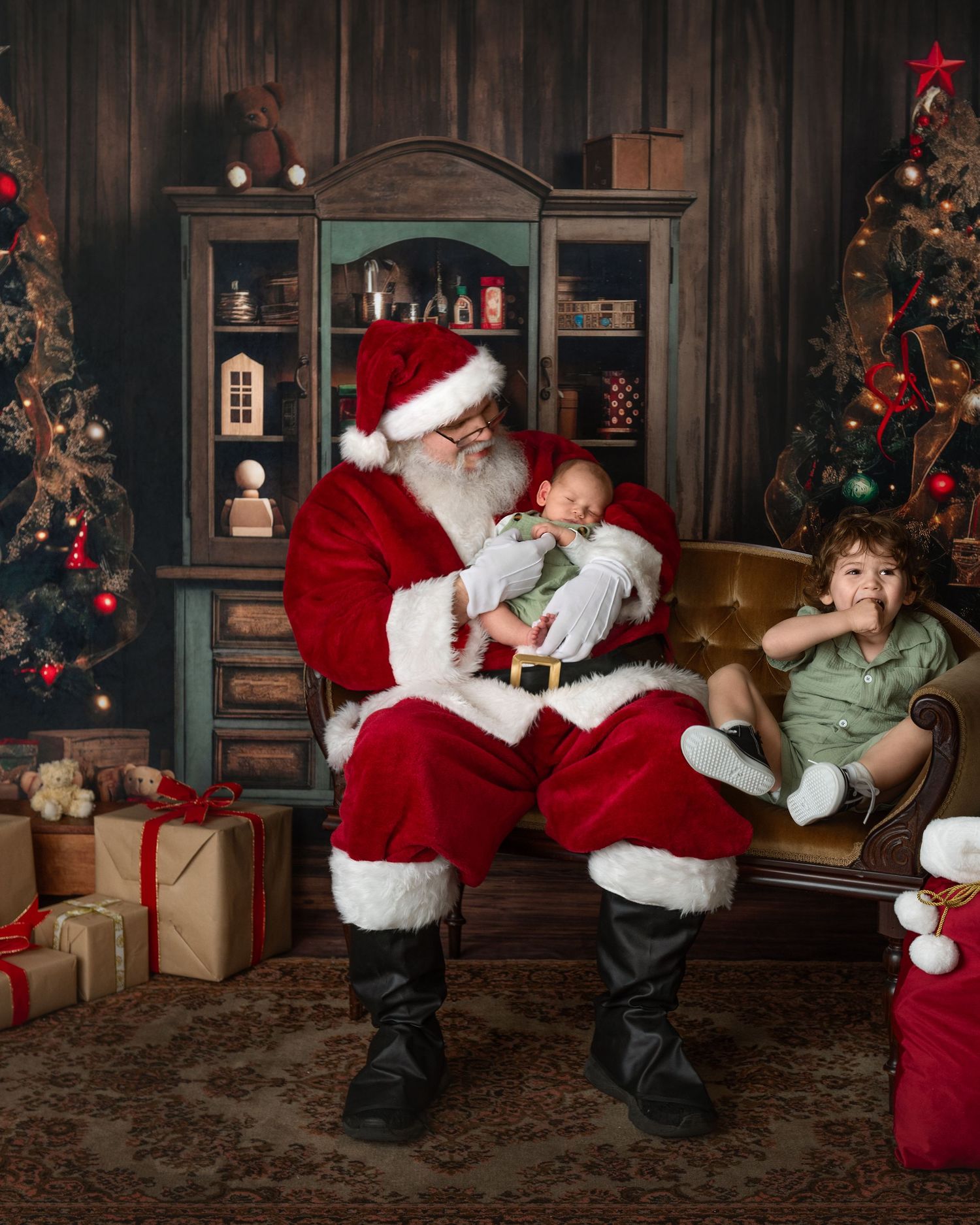 A sequence of five holiday photos shows a playful interaction between a child and someone in a red suit in a decorated room.