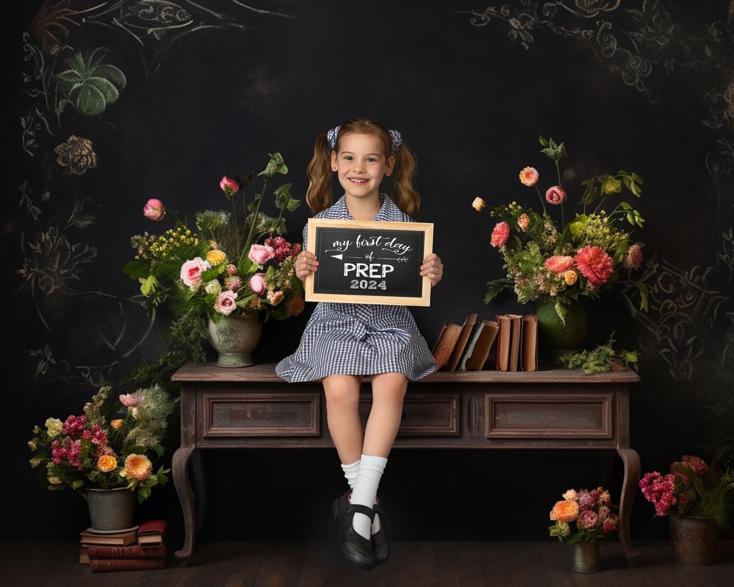 Vintage-inspired studio portraits with dark backdrop and floral decorations.