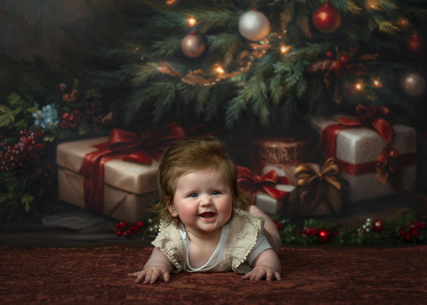 Holiday photo session featuring festive Christmas decorations with twinkling lights and red ornaments in a cozy setting.
