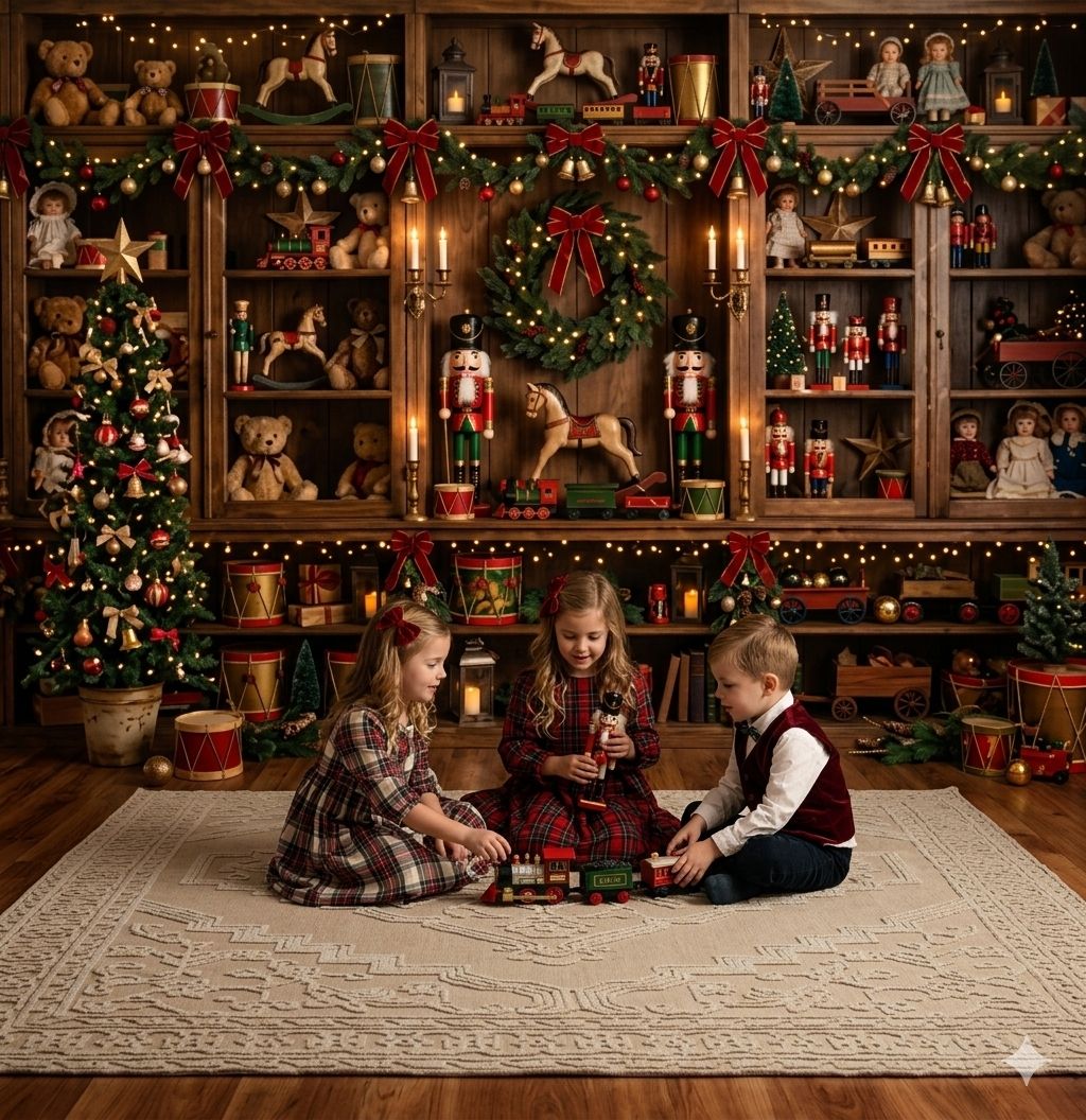Three children sit on a rug playing together in front of a festive Christmas backdrop with toys and decorations.