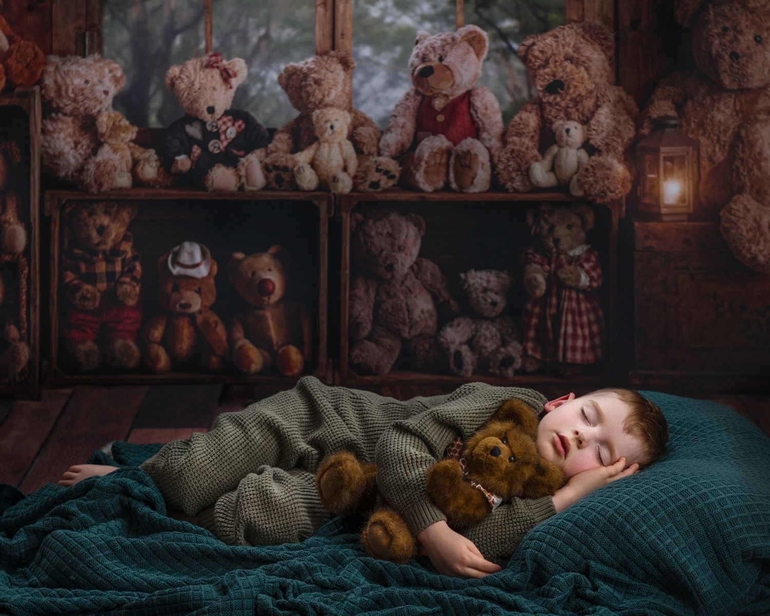 Cozy bedroom scene with stuffed animals and soft lighting creating a dreamy atmosphere.