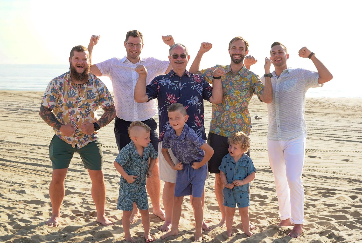 A group in casual summer outfits poses joyfully on a sandy beach at sunset for a multi-panel beach photo collage.