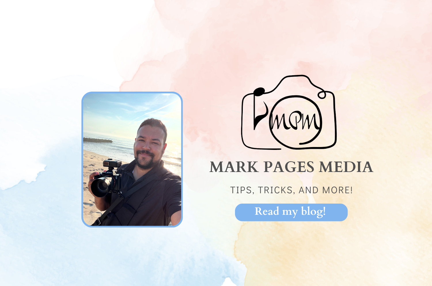 A photographer's business logo for Mark Pages Media with a camera icon and blog button on a pastel background.