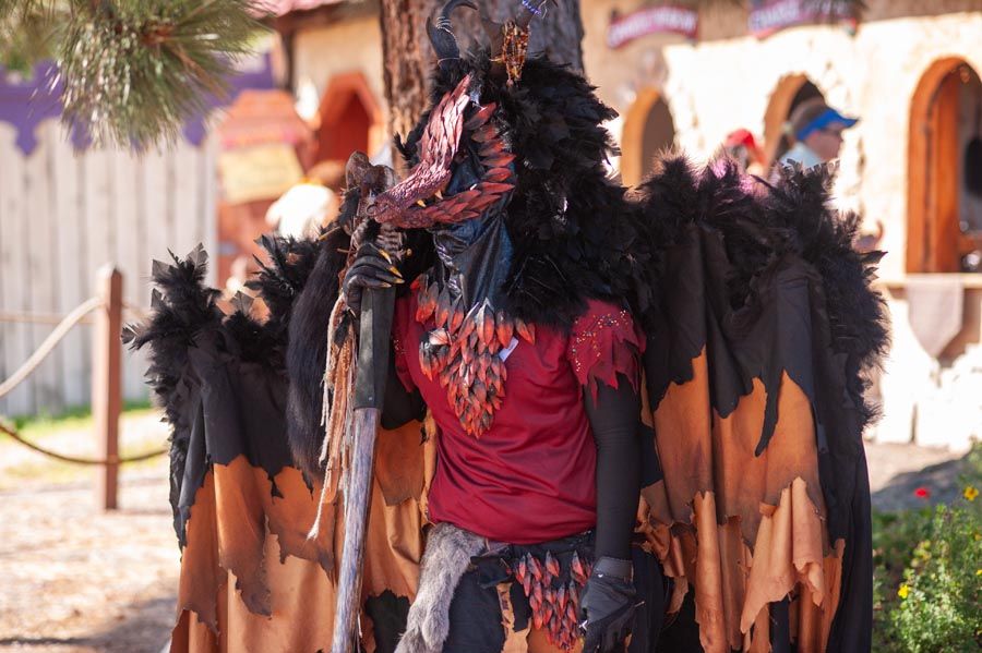 Festival performers in colorful medieval costumes and feathers gather at an outdoor event.