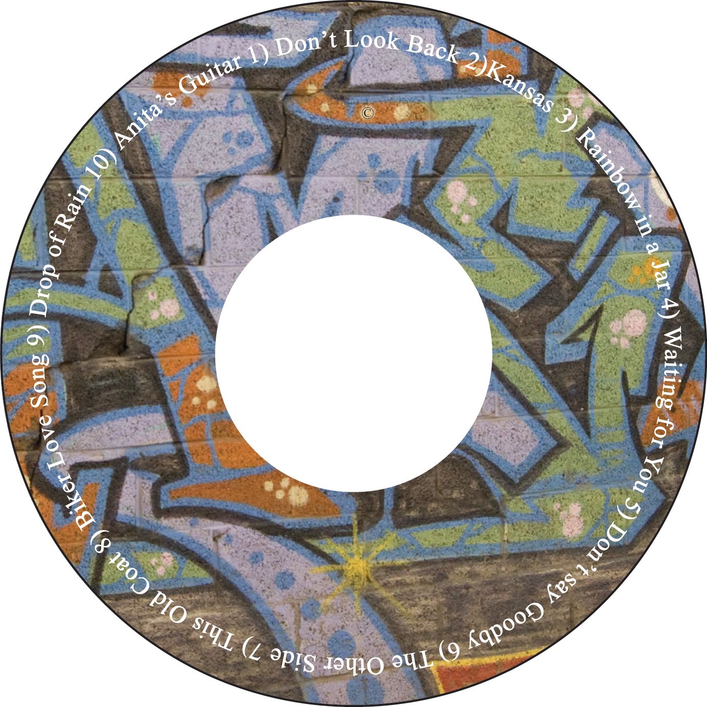 CD artwork featuring graffiti design with song titles around the circular edge.