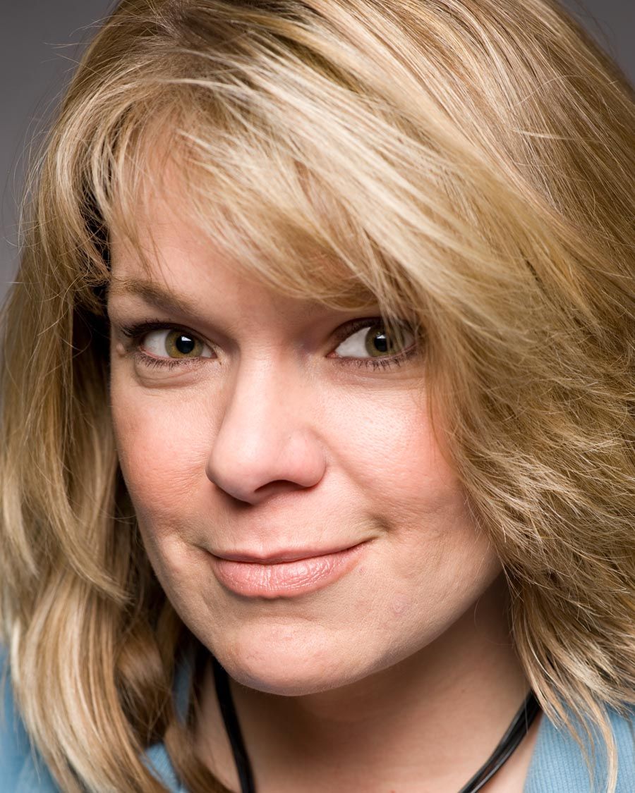 Close-up portrait series showing playful expressions with blonde layered hair.