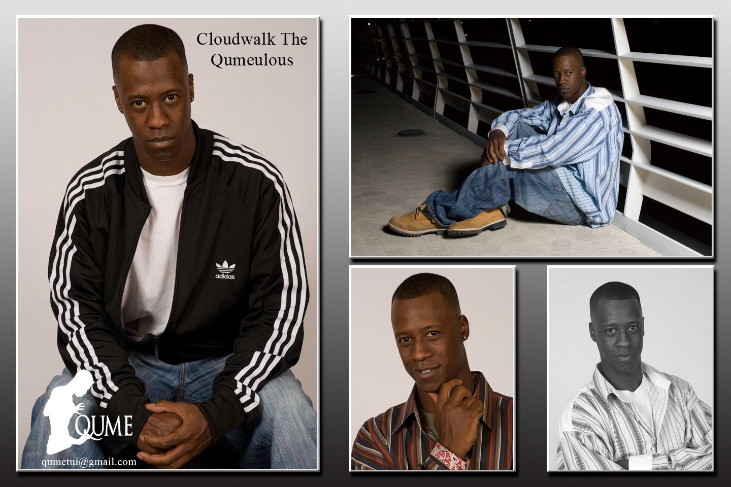 Collage of a man named Cloudwalk The Qumealous posing in multiple photos, wearing a black Adidas jacket.