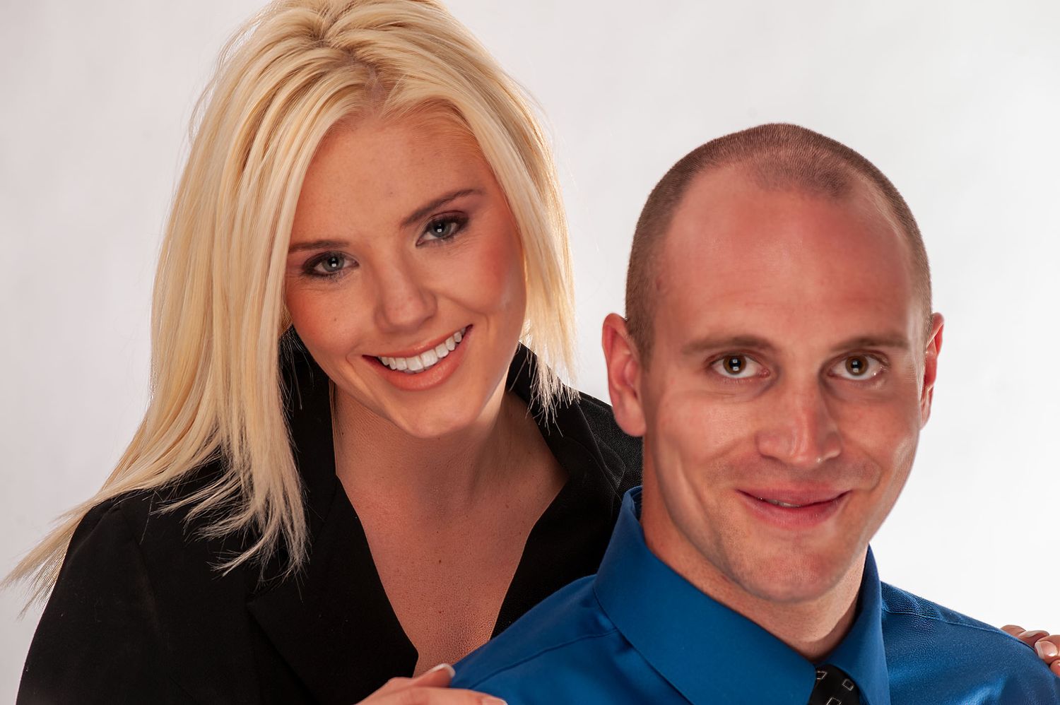 Studio portrait series with white background showing casual poses.