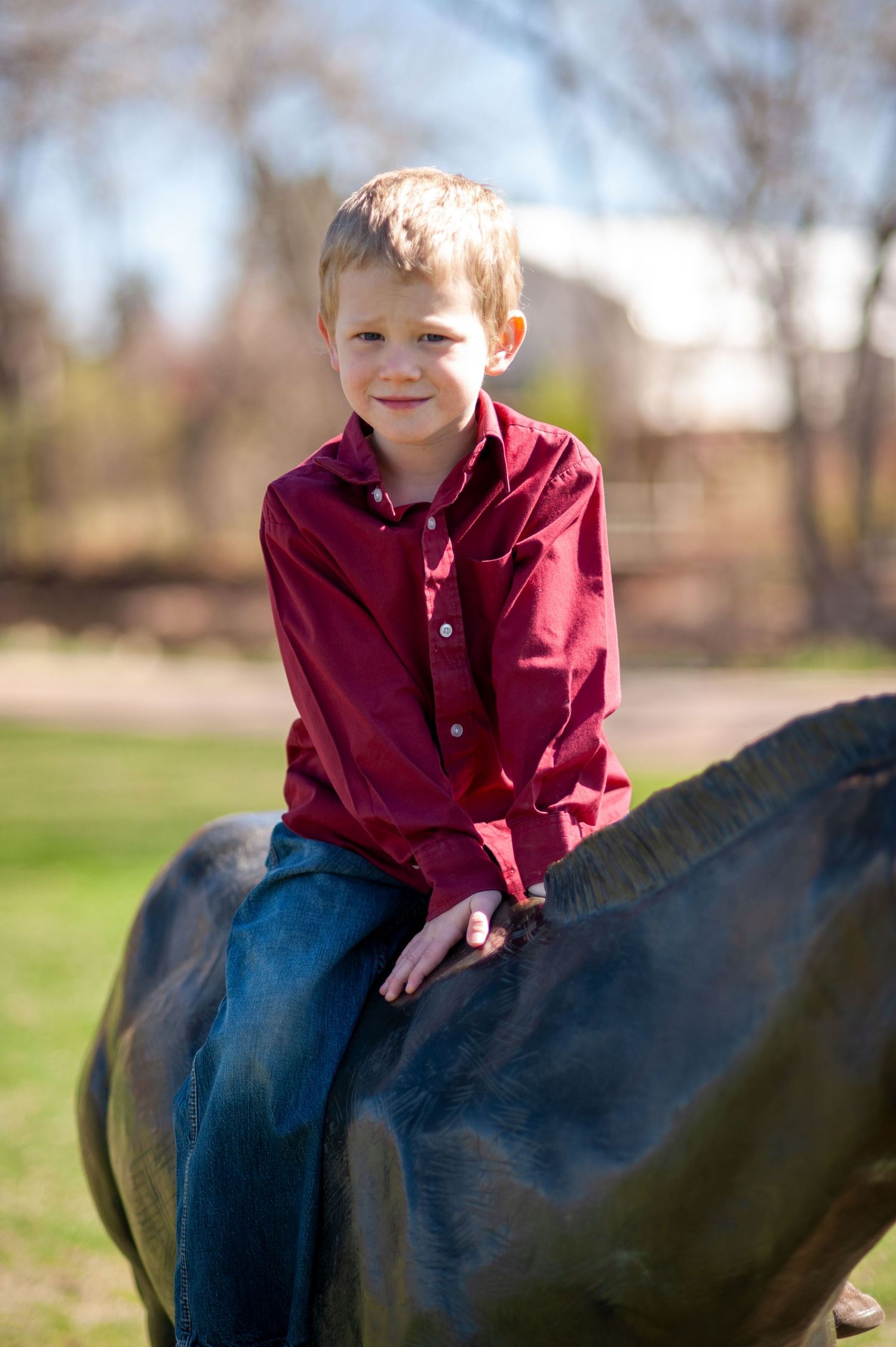 Young child in burgundy shirt riding on a dark horse outdoors.