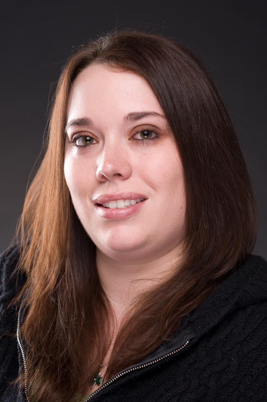 Studio portrait series showing someone with long brown hair smiling against dark background.