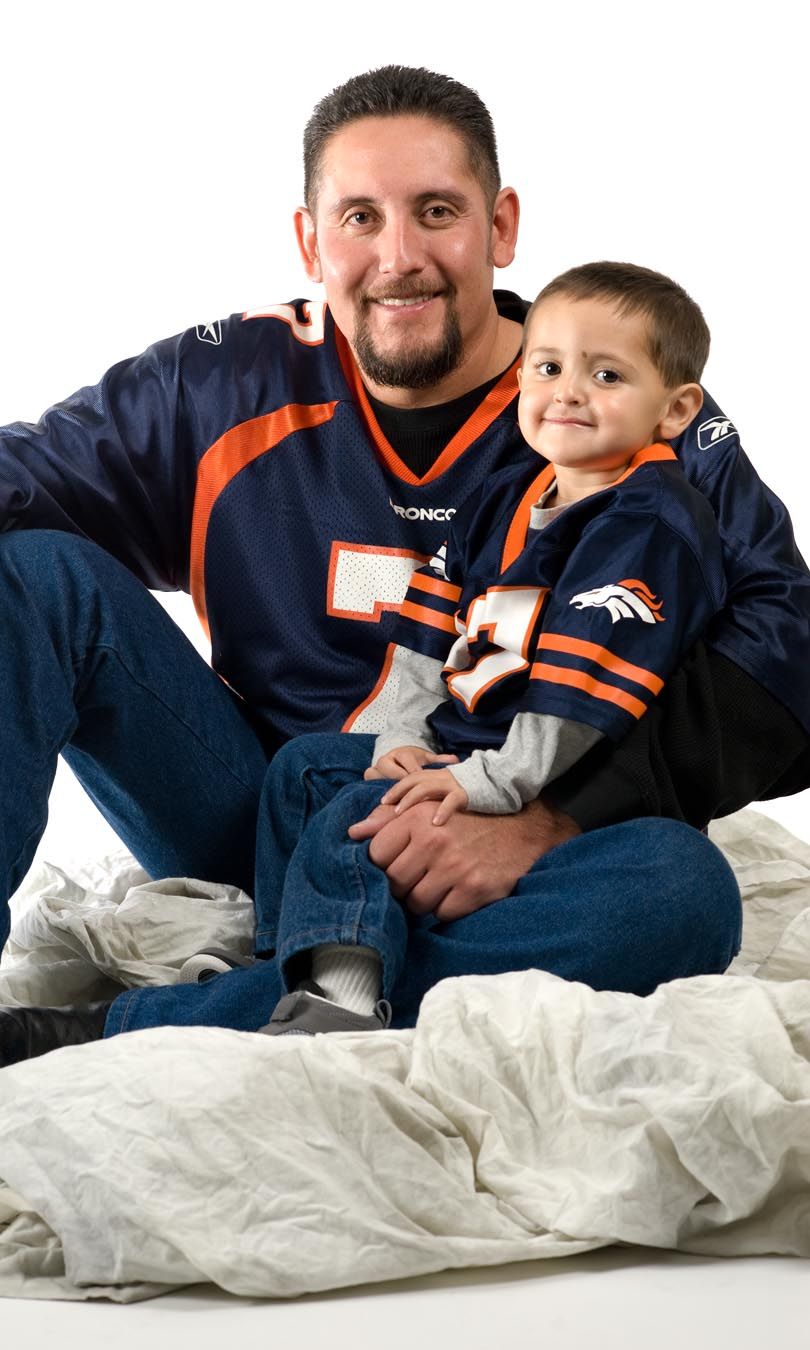 Playful series of casual poses in Denver Broncos jerseys on white backdrop.