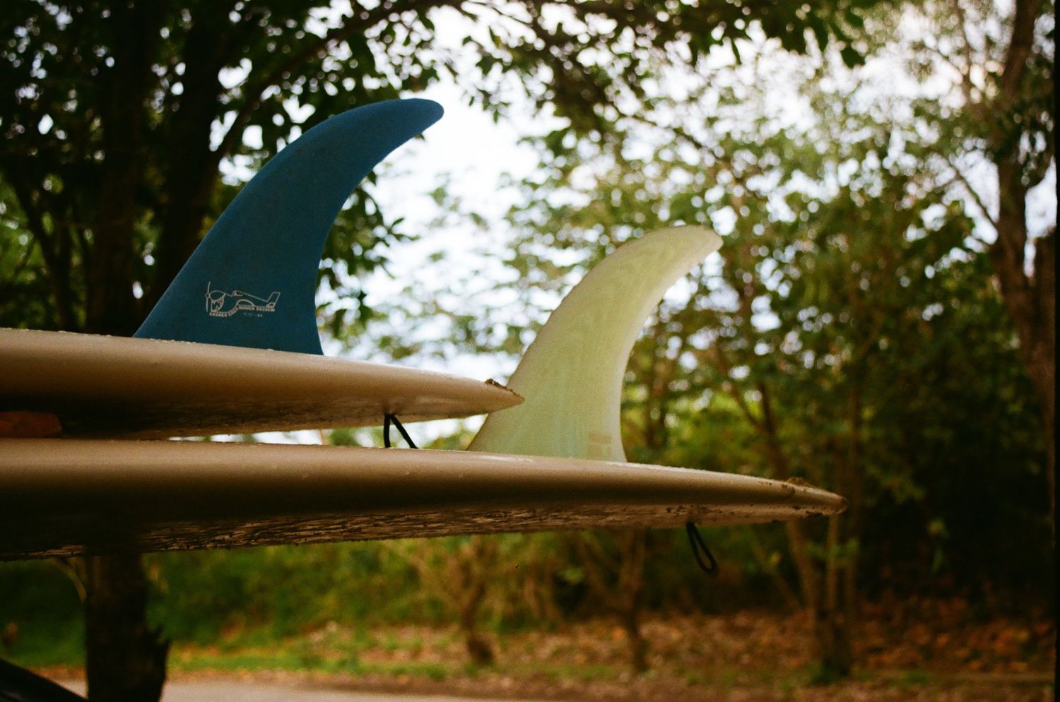 Lifestyle shot of surfboard fins, shot on 35mm film in Puerto Rico