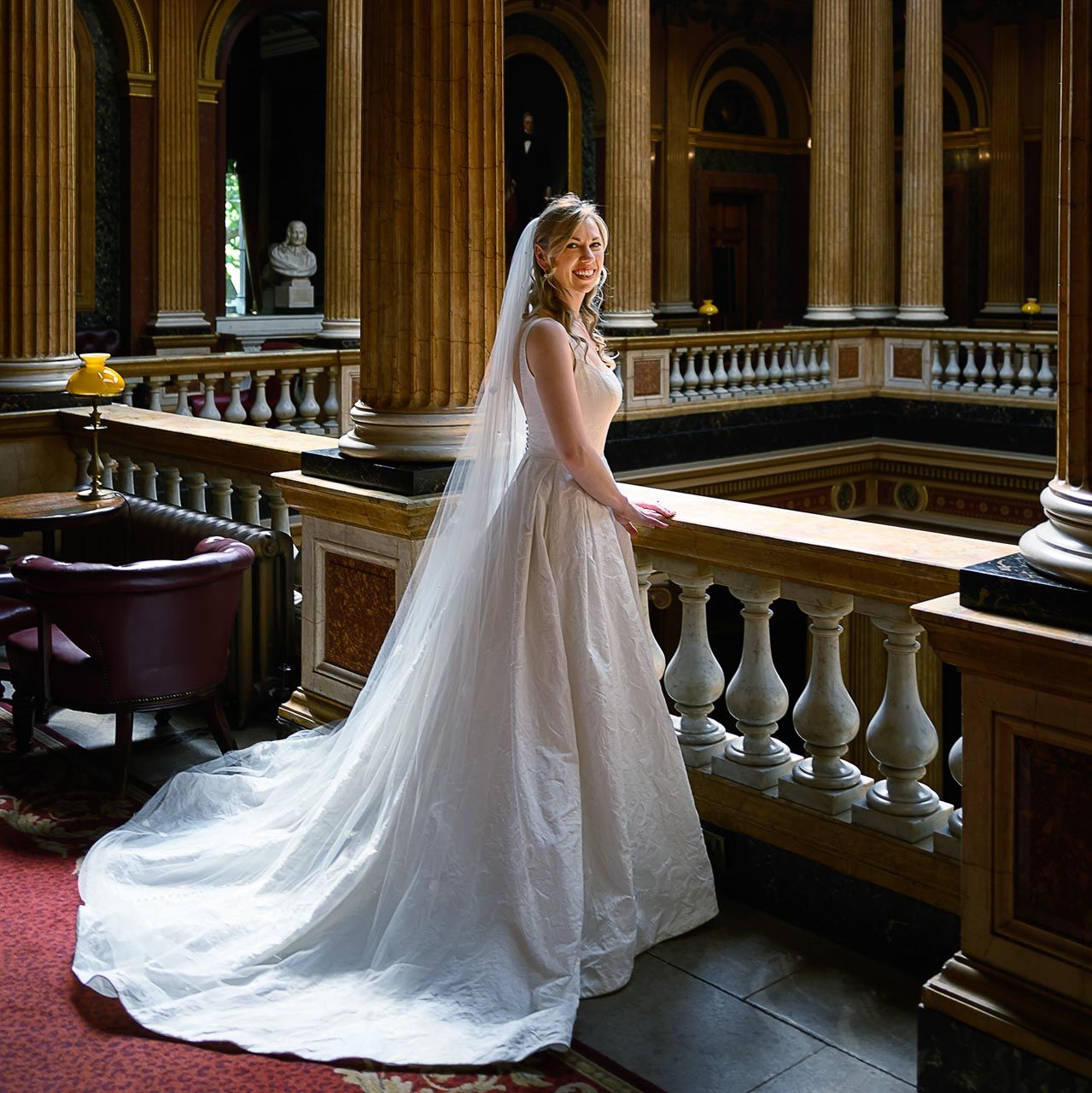 Bridal portrait at the iconic Reform Club, central London, just before leaving for a classic church wedding