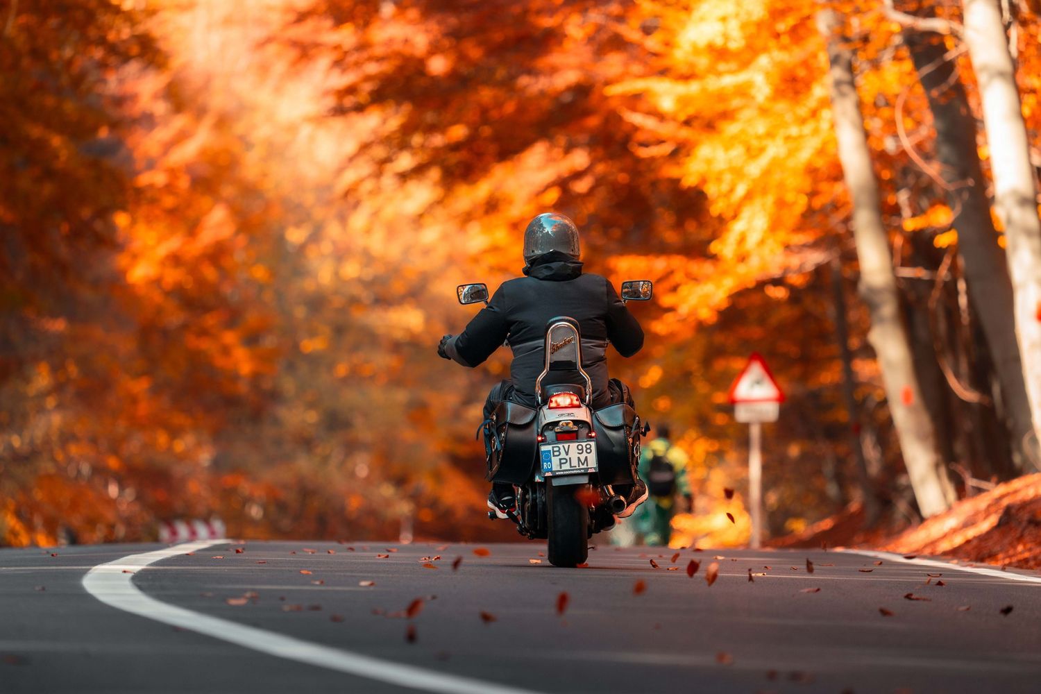 Motorcyclists riding through a dramatic autumn forest with vibrant orange foliage.