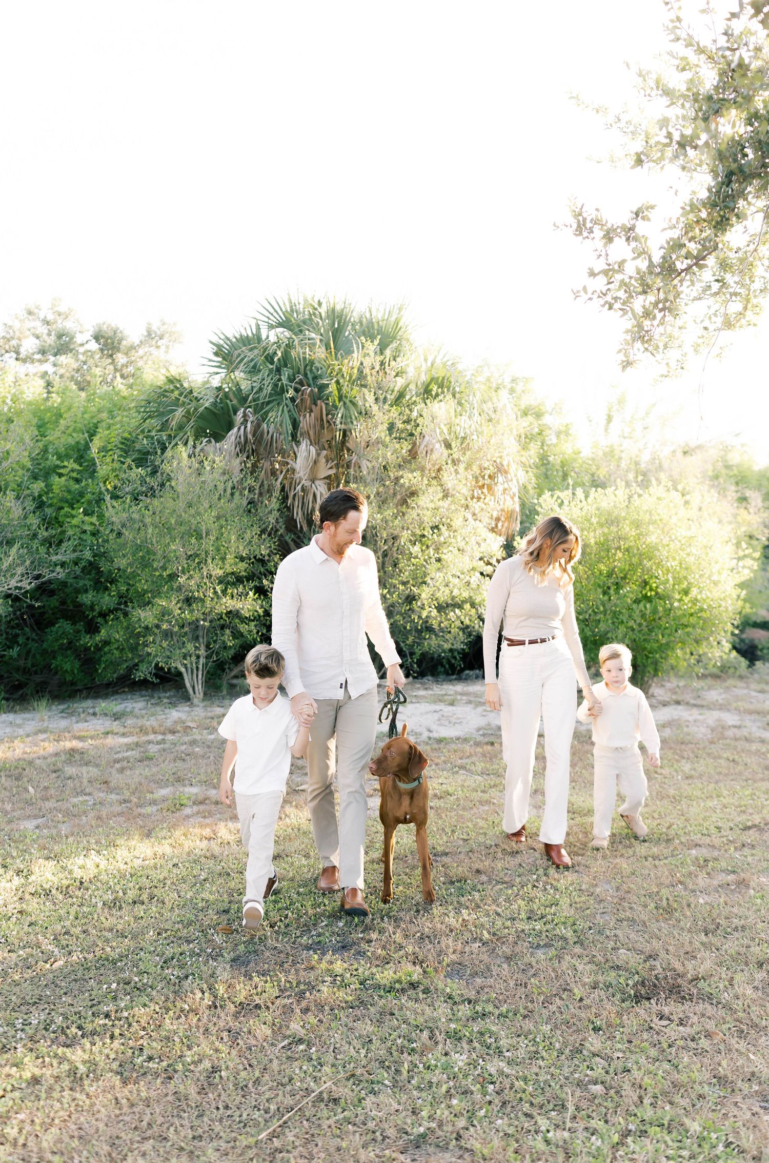 A family strolling with their dog through a scenic outdoor area at golden hour.