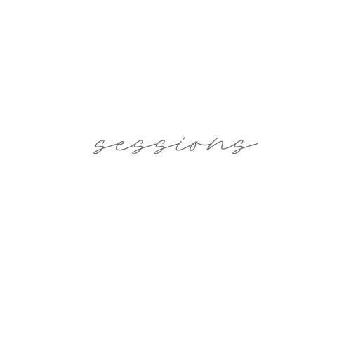 Minimalist calligraphy text displaying 'sessions' in flowing gray script.