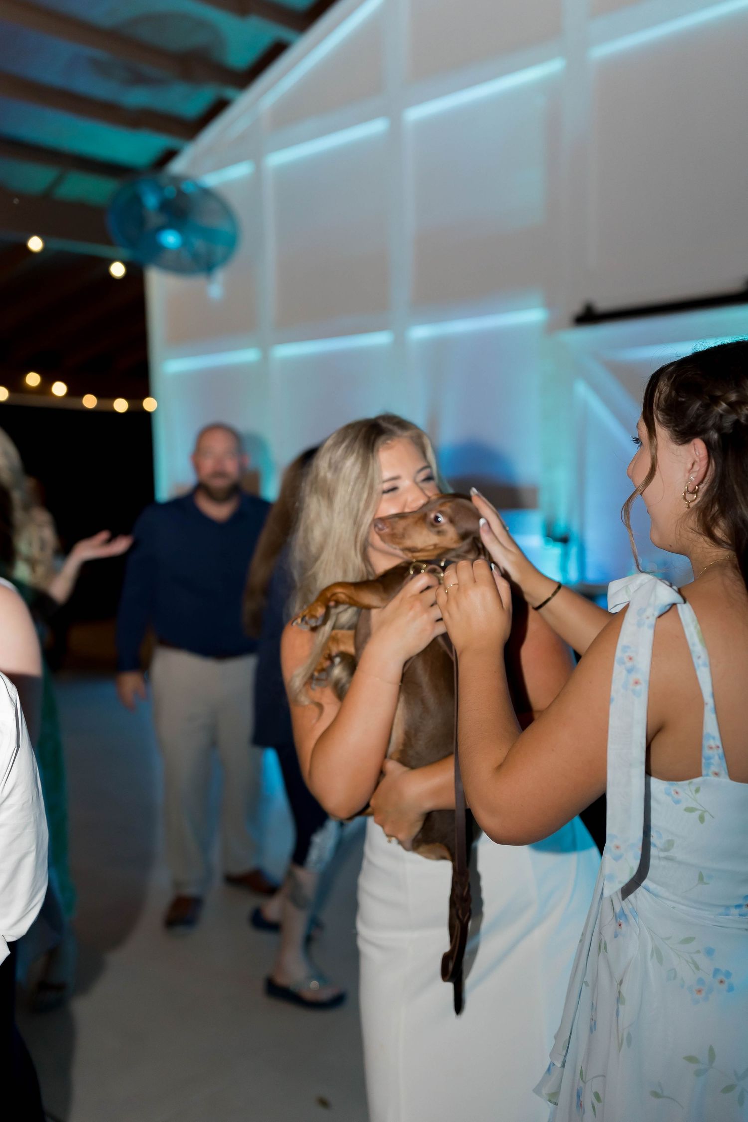 Wedding reception candid with blue lighting showing guests celebrating and dancing.
