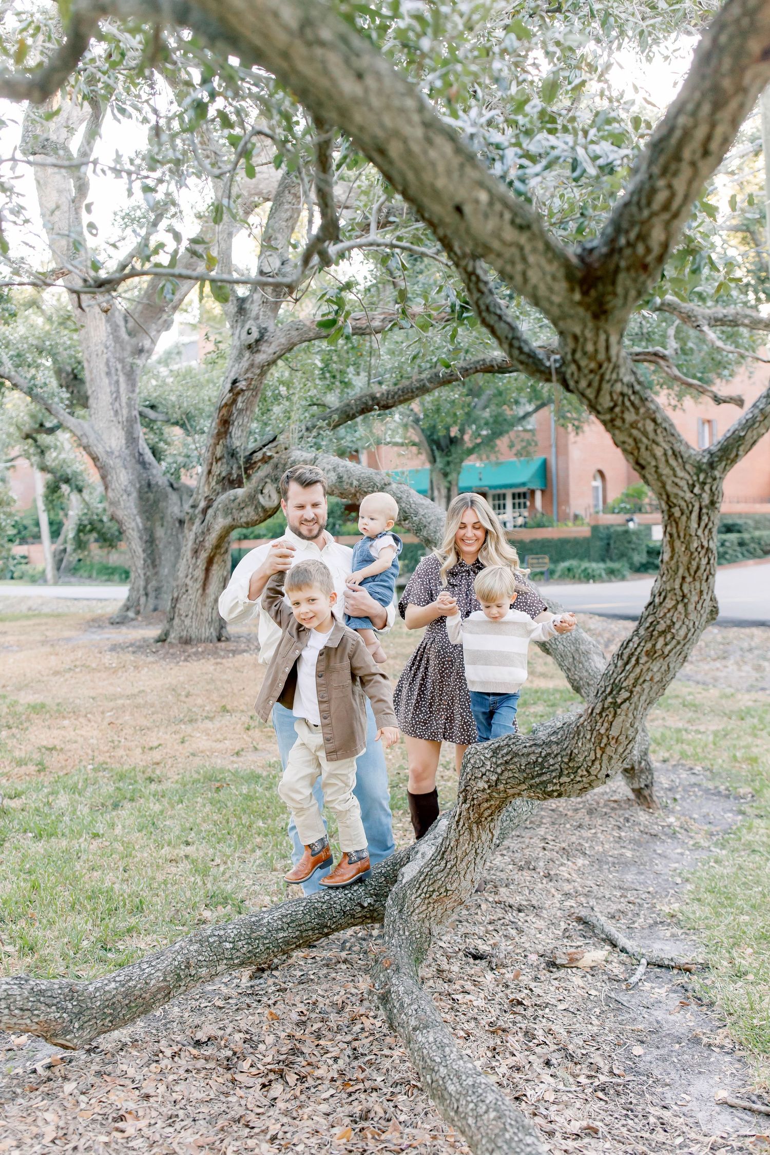Family group posing together on tree branches in a park setting.