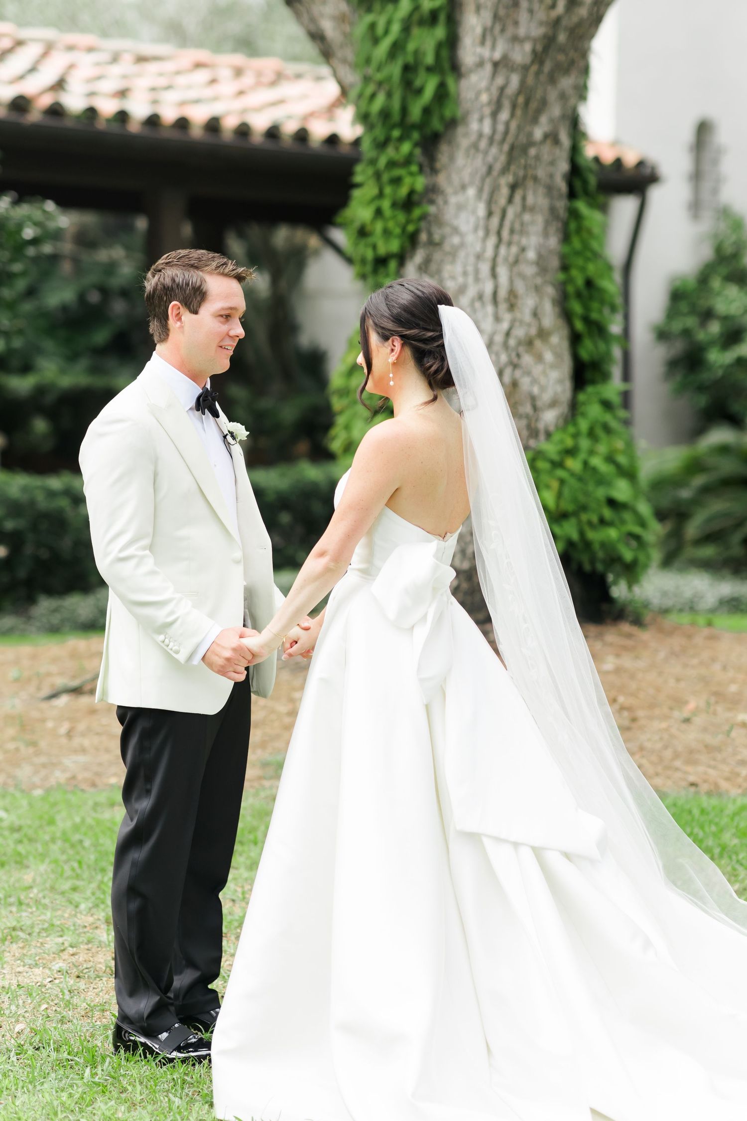Series of romantic wedding photos showing tender moments between newlyweds in a garden setting.