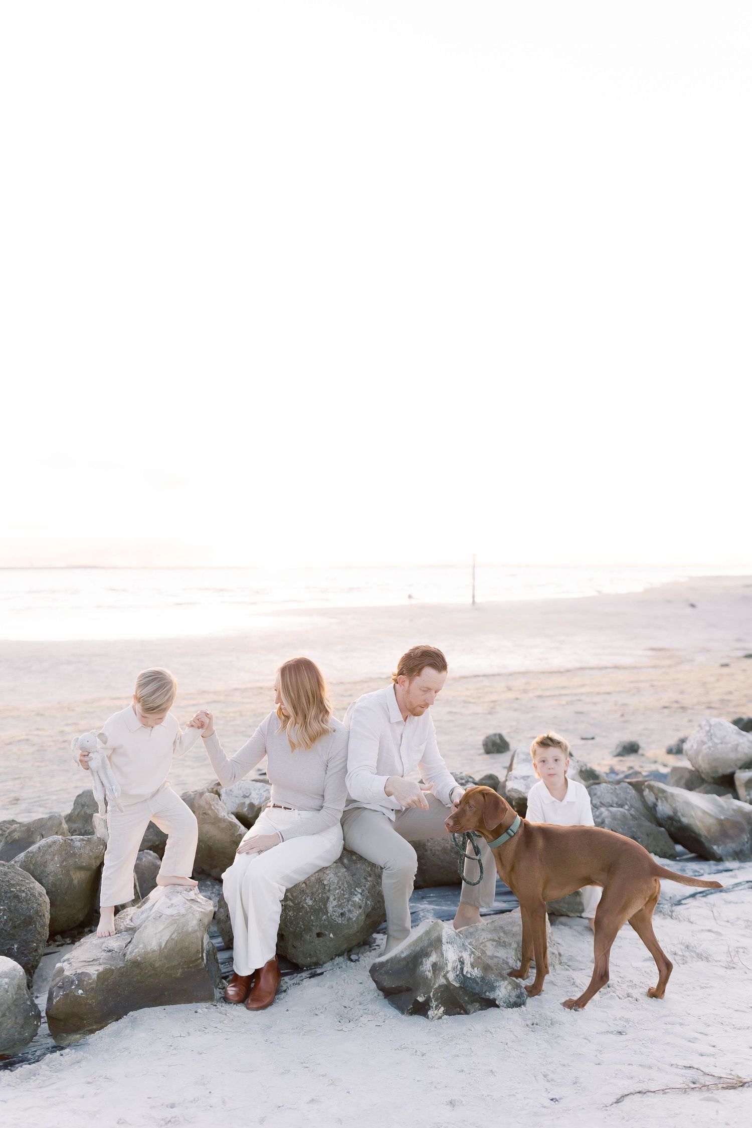Family poses with their dog near rocky shoreline during beach photoshoot.