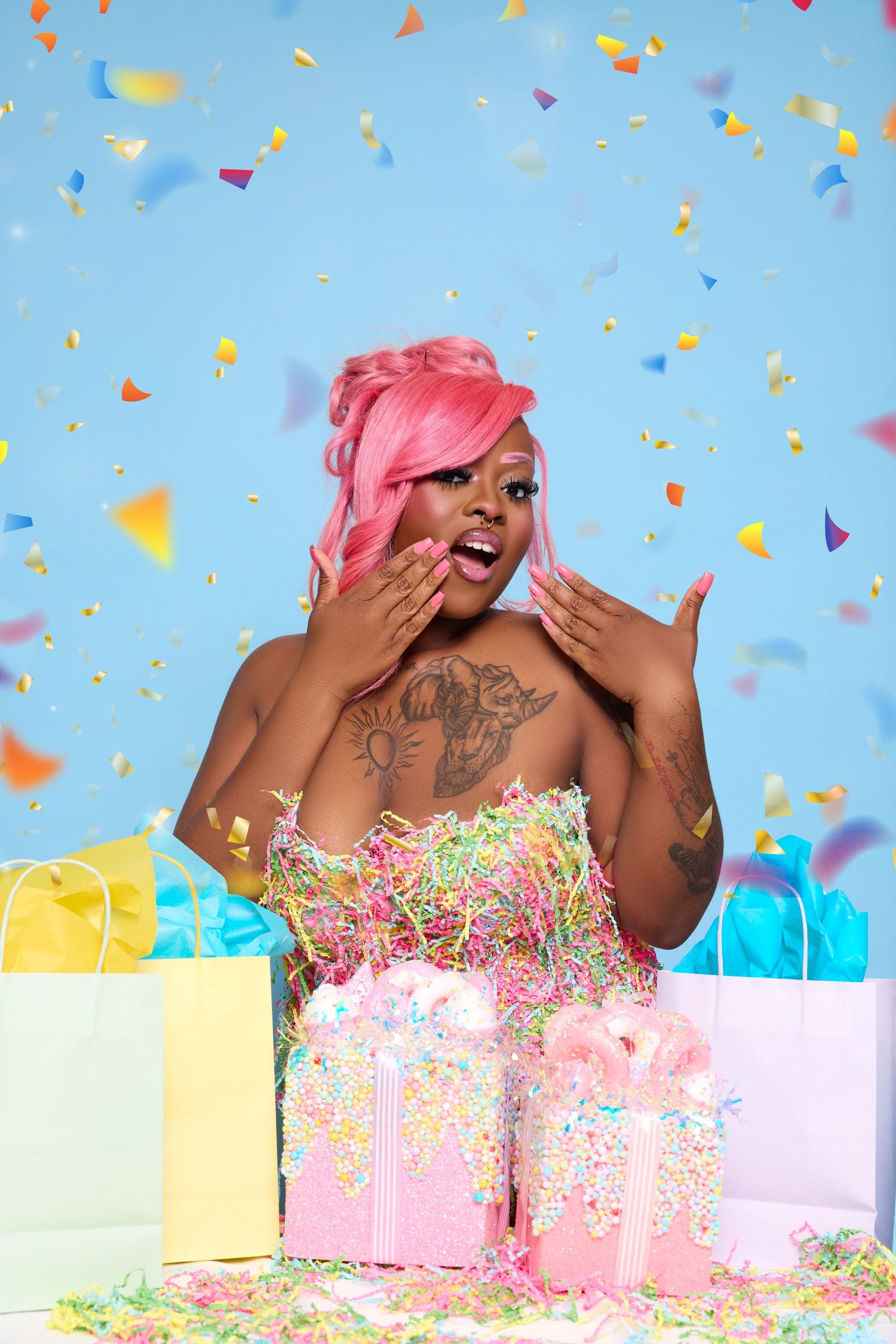 Excited expressions with pink hair amid falling confetti and colorful gift boxes.