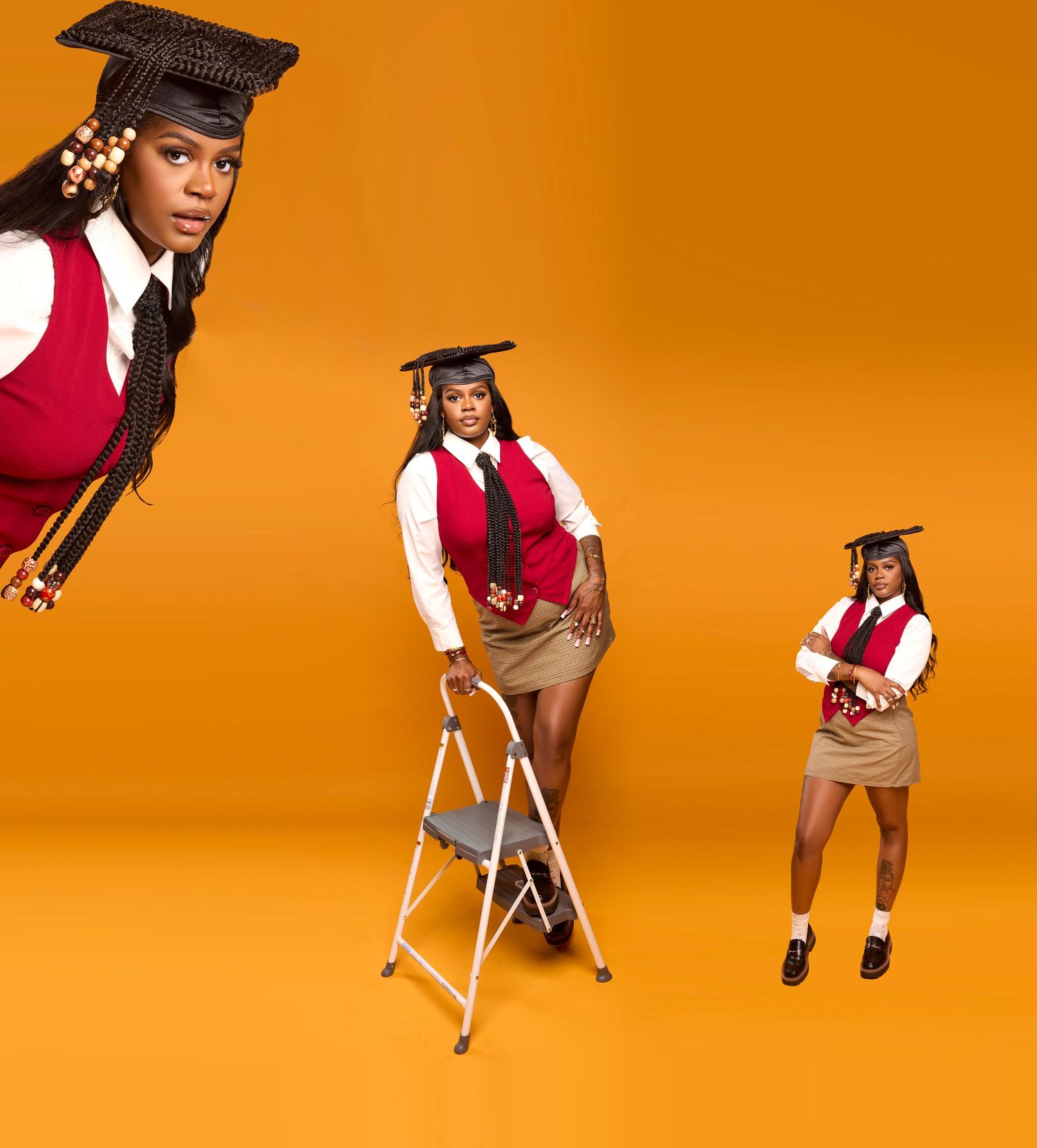 Graduate in academic regalia poses against vibrant orange background in creative positions.