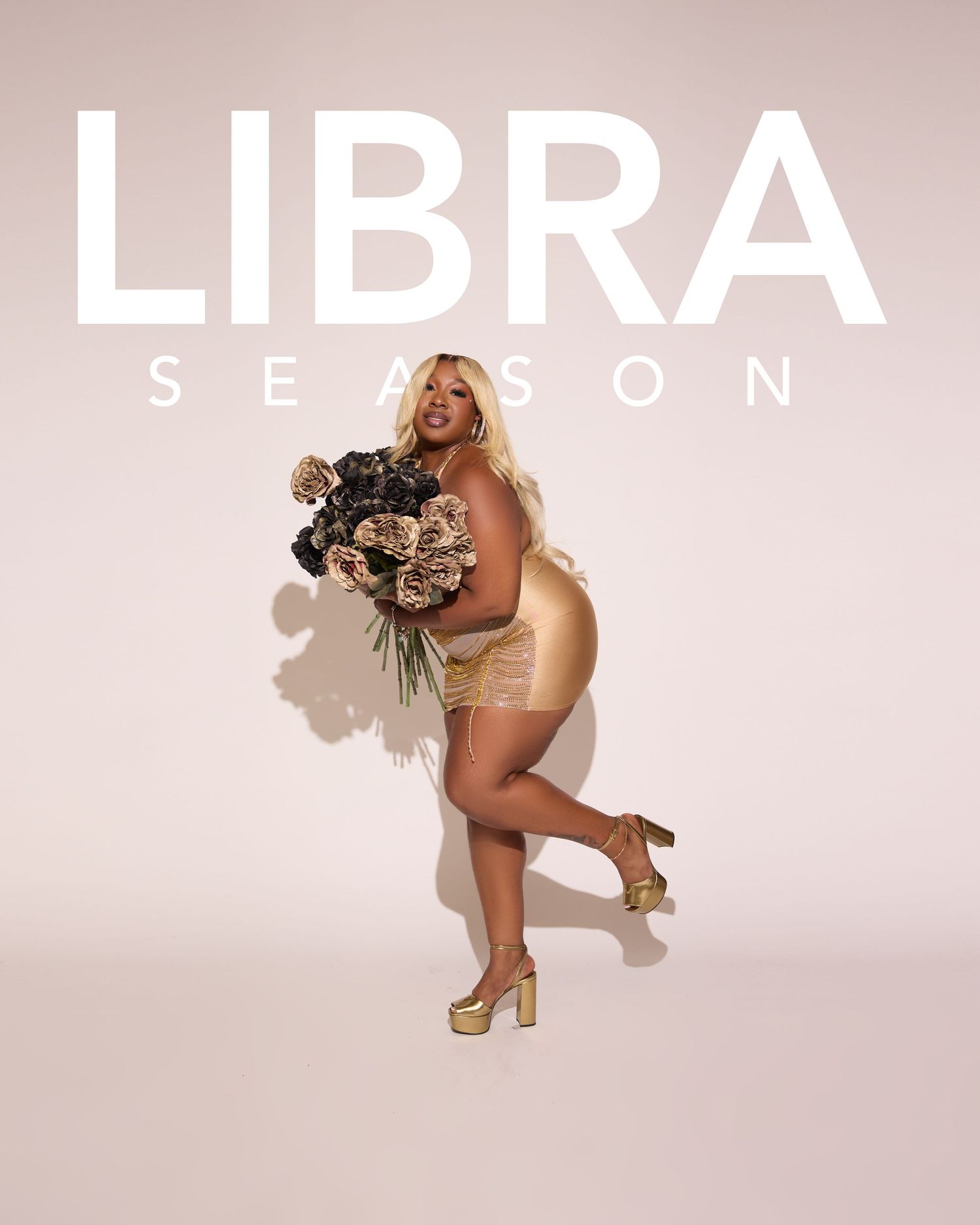 Artistic photo series with Libra text and neutral toned fashion styling.