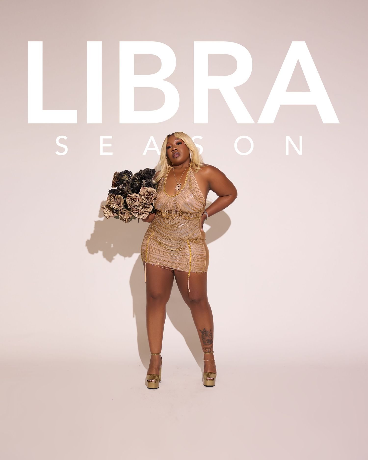 Fashion editorial series with Libra season theme in beige tones.