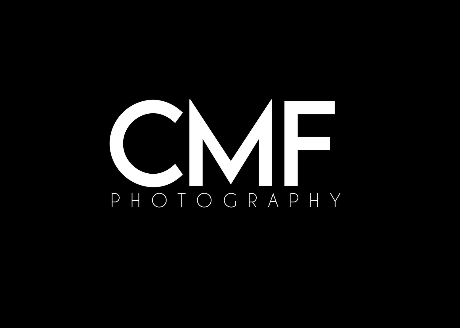 White CMF photography logo design on black background with minimalist modern typography style.