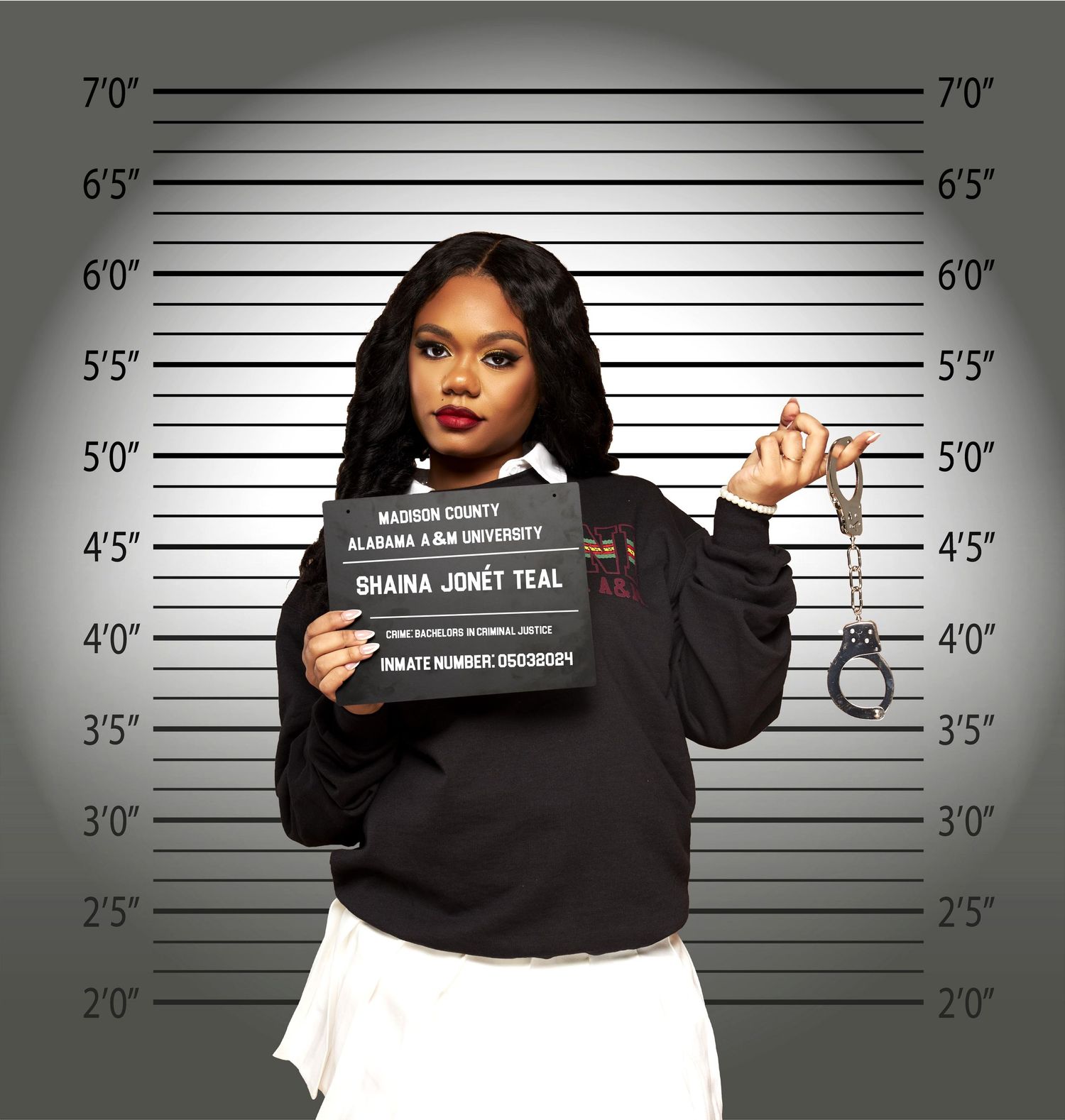 Stylish mugshot-style photo series featuring person in black hoodie against height measurement background.