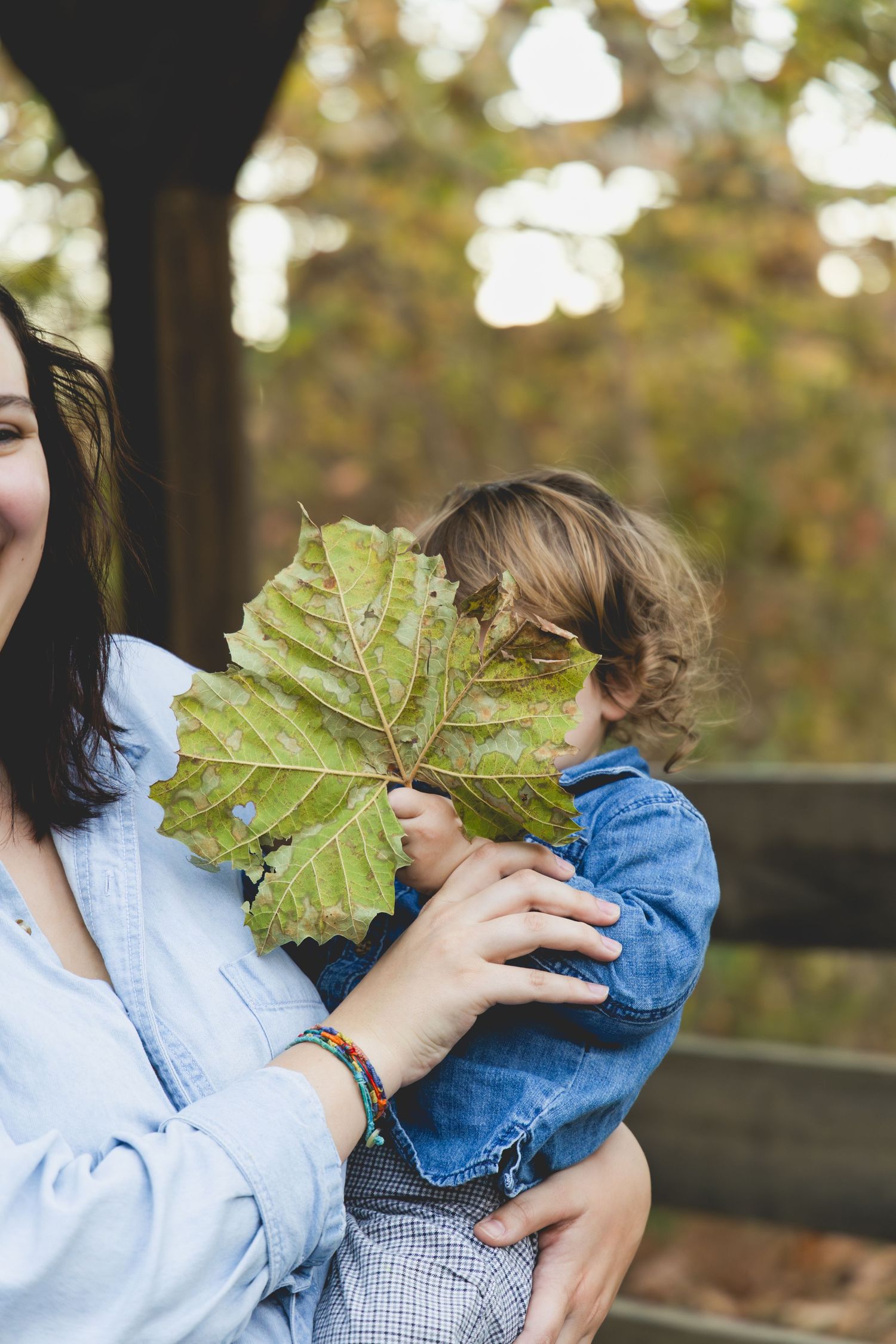 Parent and child playing with large autumn leaves in a park during fall season.