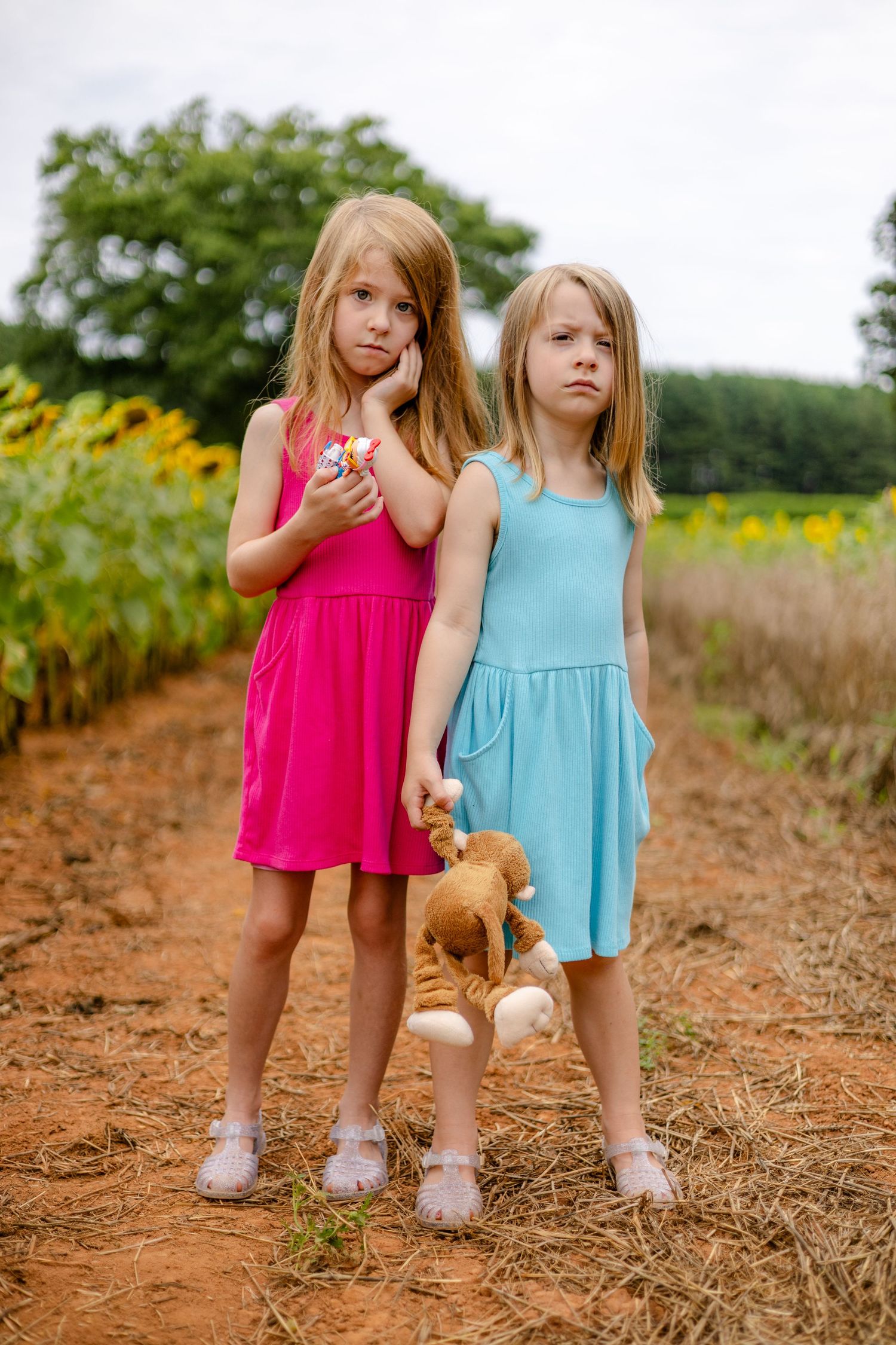Two young girls in pink and blue dresses stand on a dirt path between sunflower fields, one holding a stuffed animal.