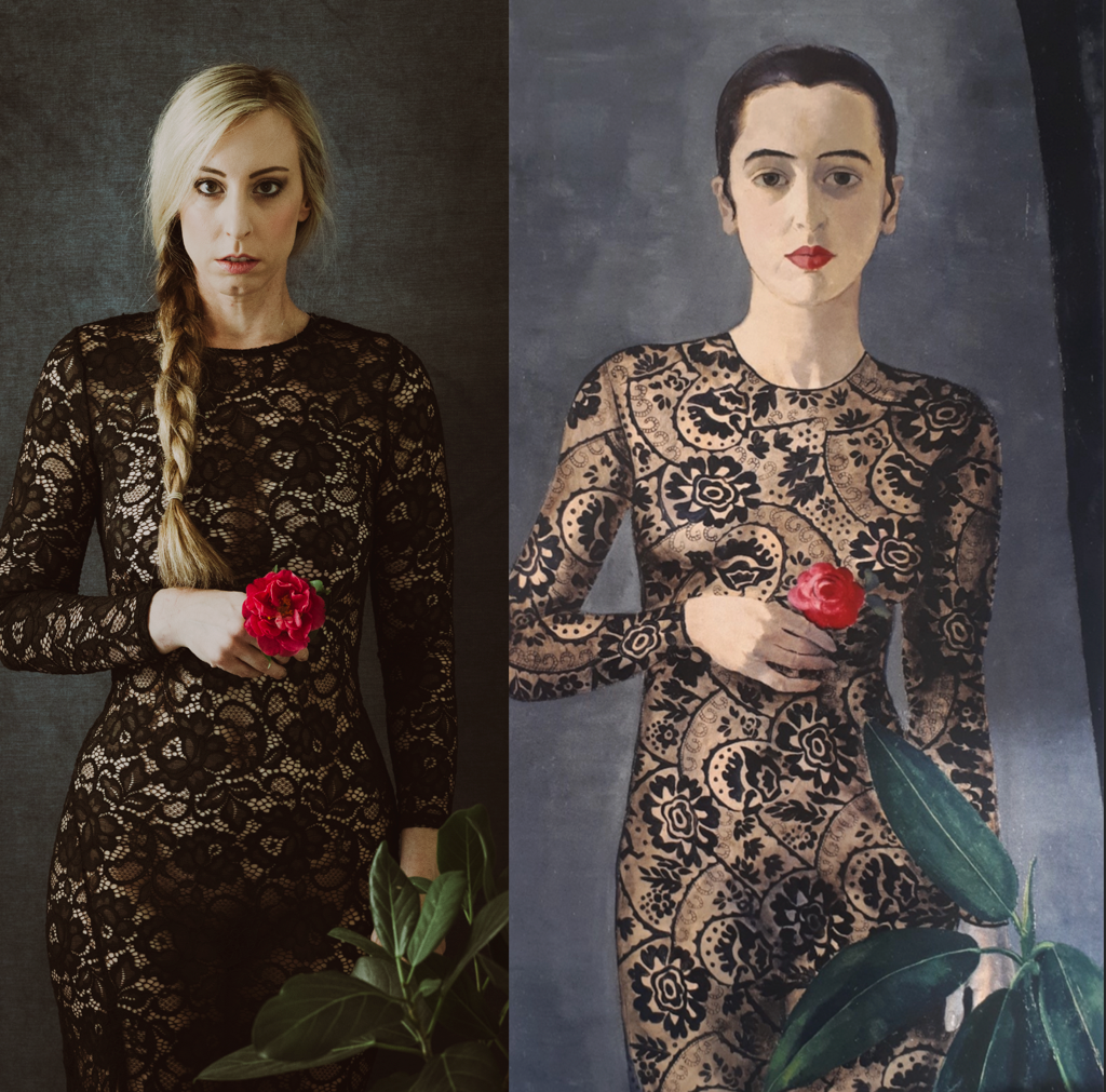 Elegant portrait series featuring black lace dress and red rose against dark background.