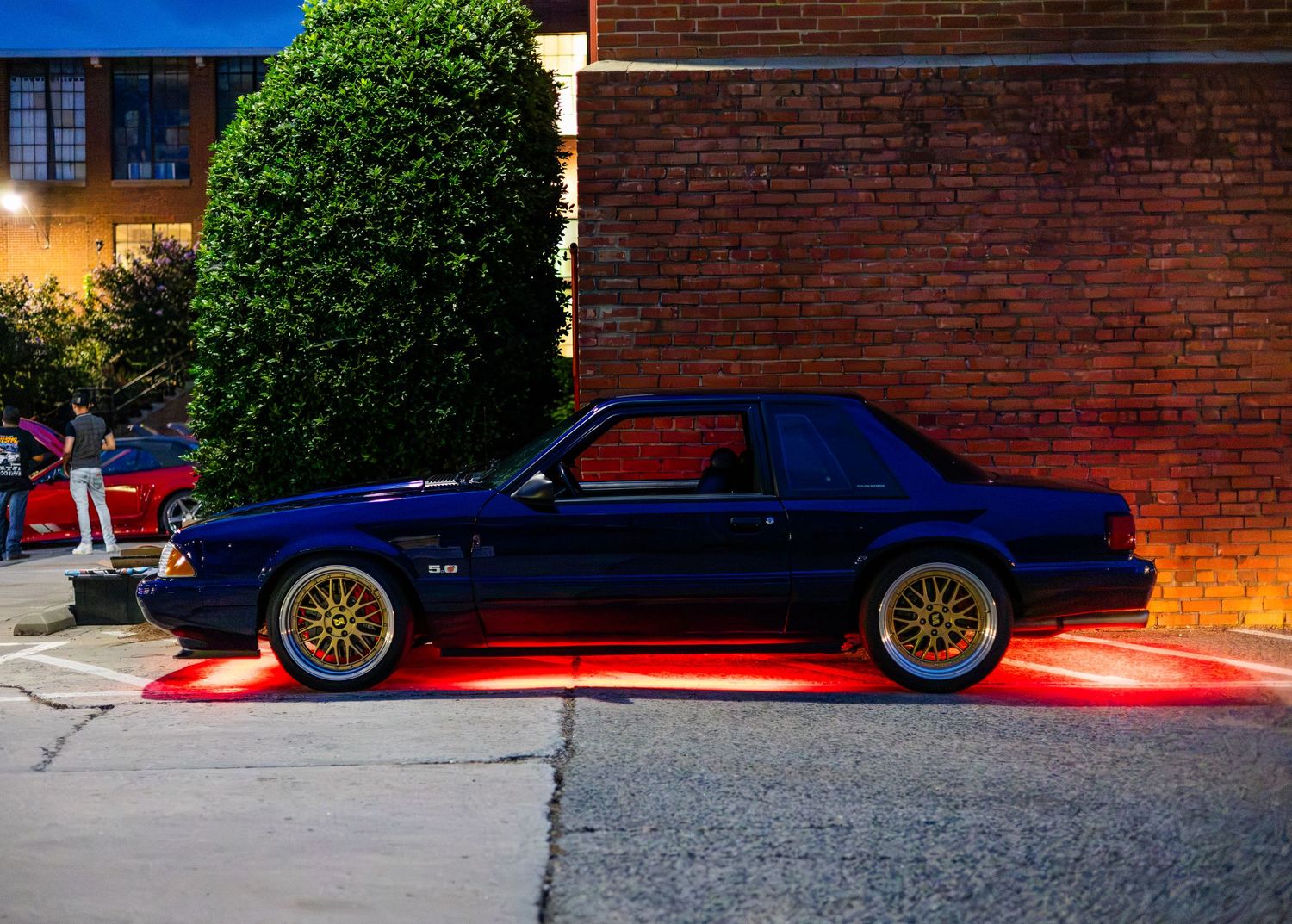 Dark blue Fox Body Ford Mustang 5.0 with gold BBS wheels, parked against brick wall with red underglow lighting.
