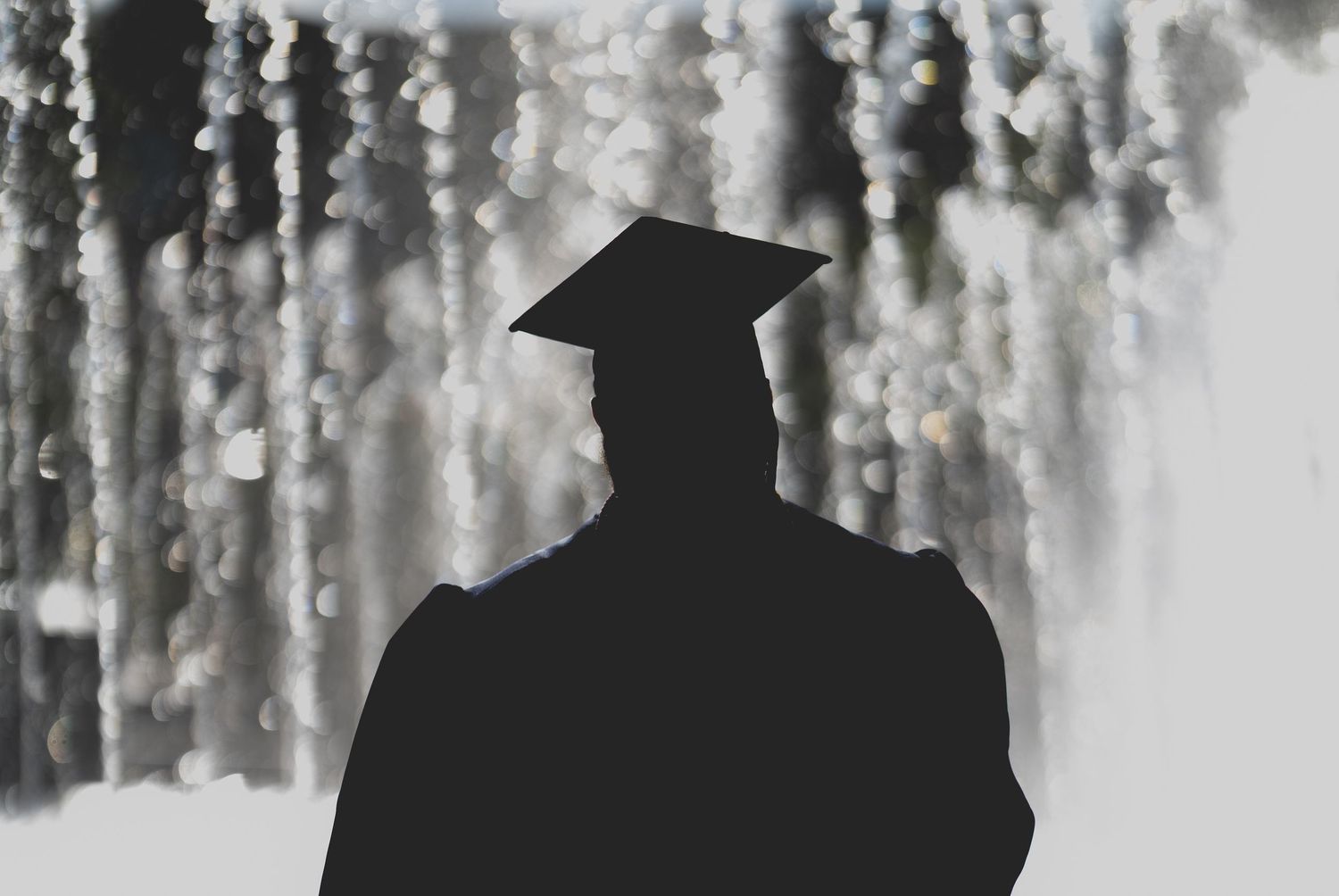 Silhouette of a graduate in cap and gown standing before a blurred fountain background.