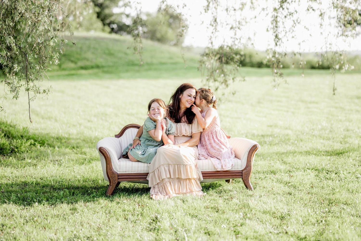 A vintage sofa sits in a sunlit meadow with willow trees swaying in the background.
