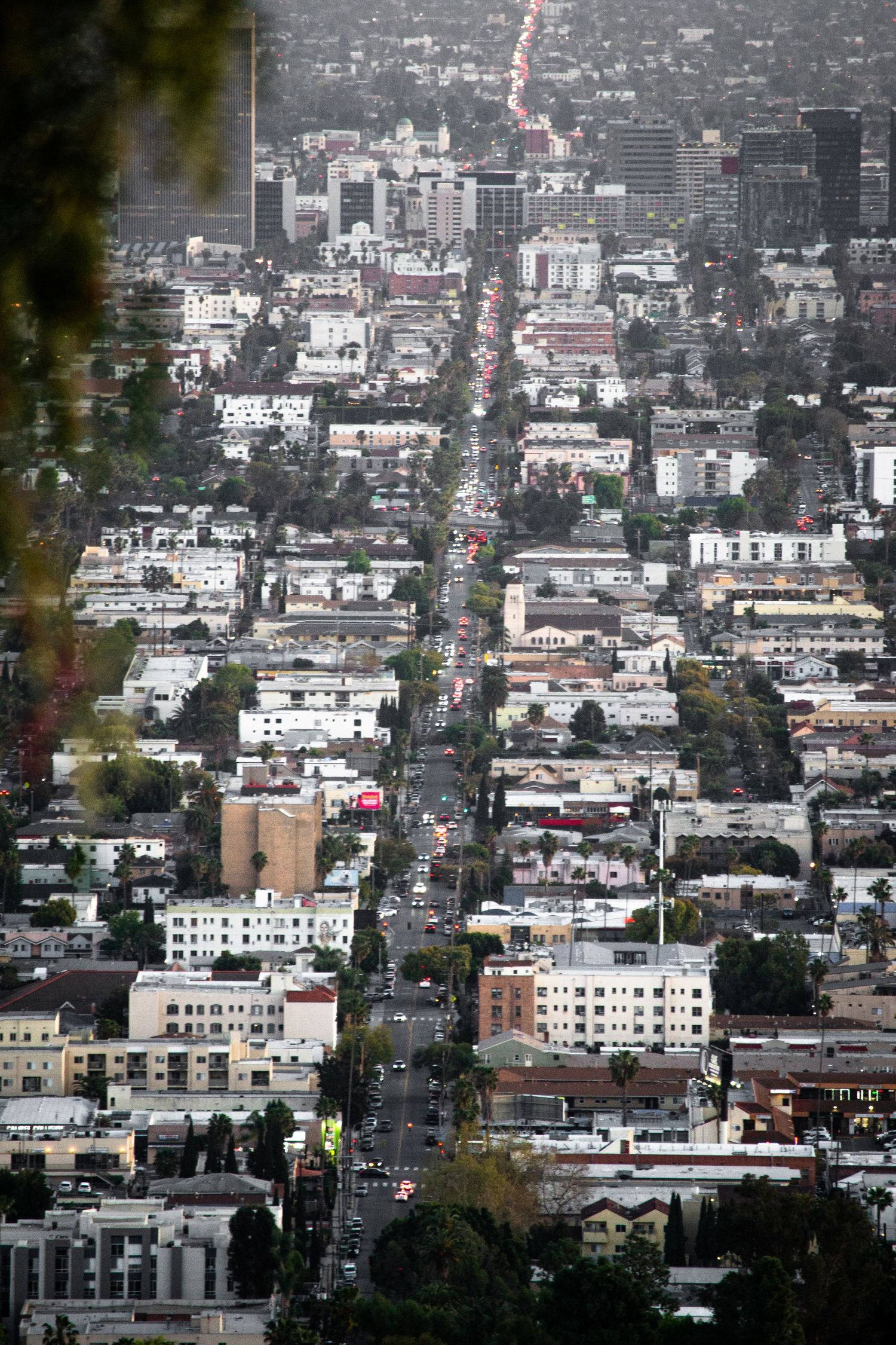 High-angle photo of a street in Los Angeles with traffic.