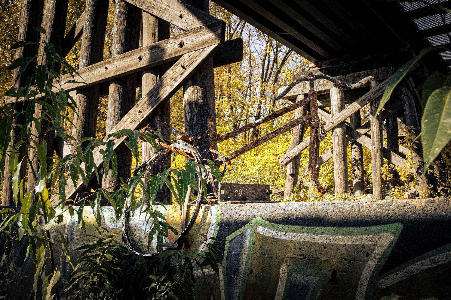 Photo of an abandoned bike underneath a railroad bridge.