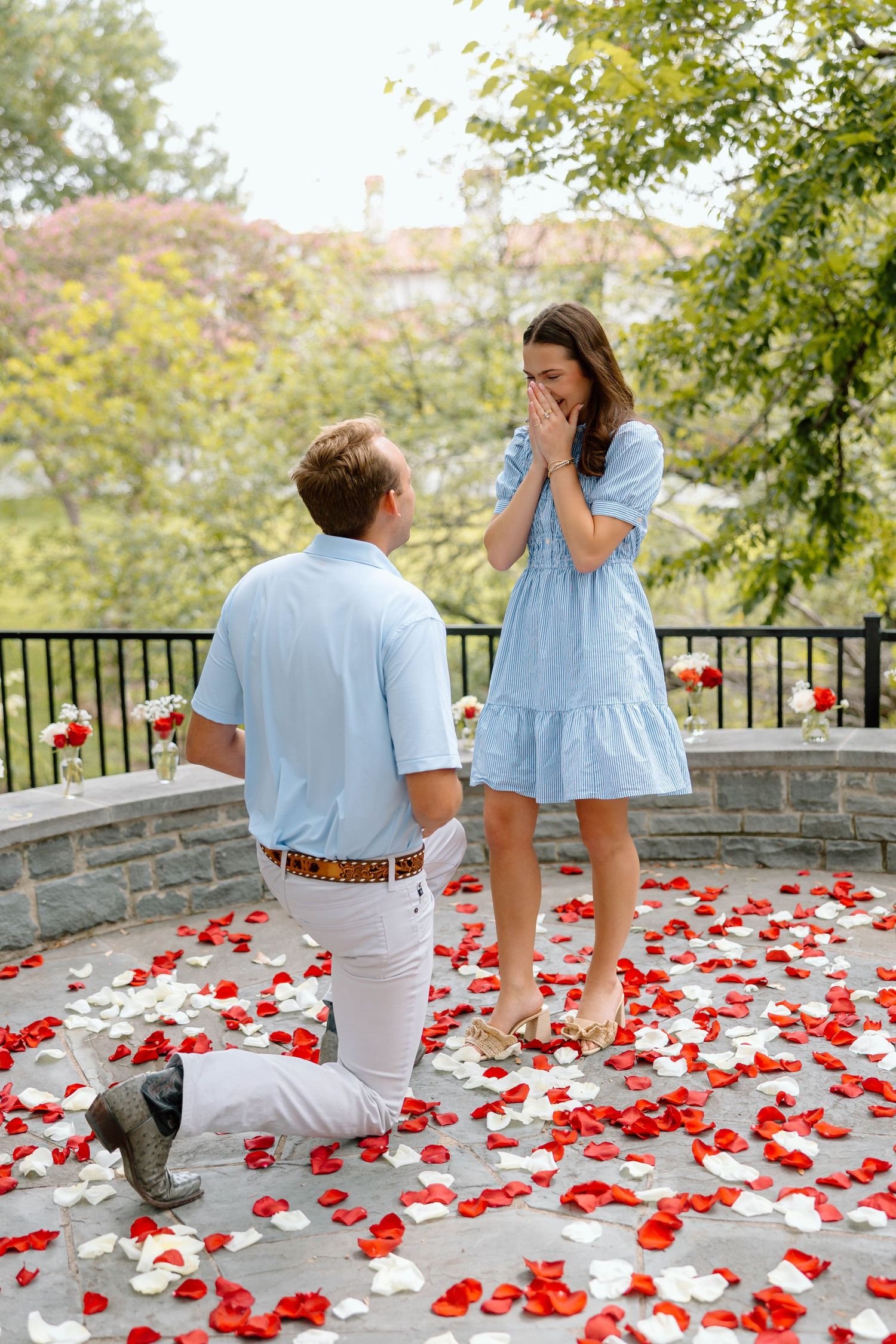 A surprise proposal scene unfolds on a stone path covered in red rose petals on a sunny autumn day. suprise proposal in dallas texas
