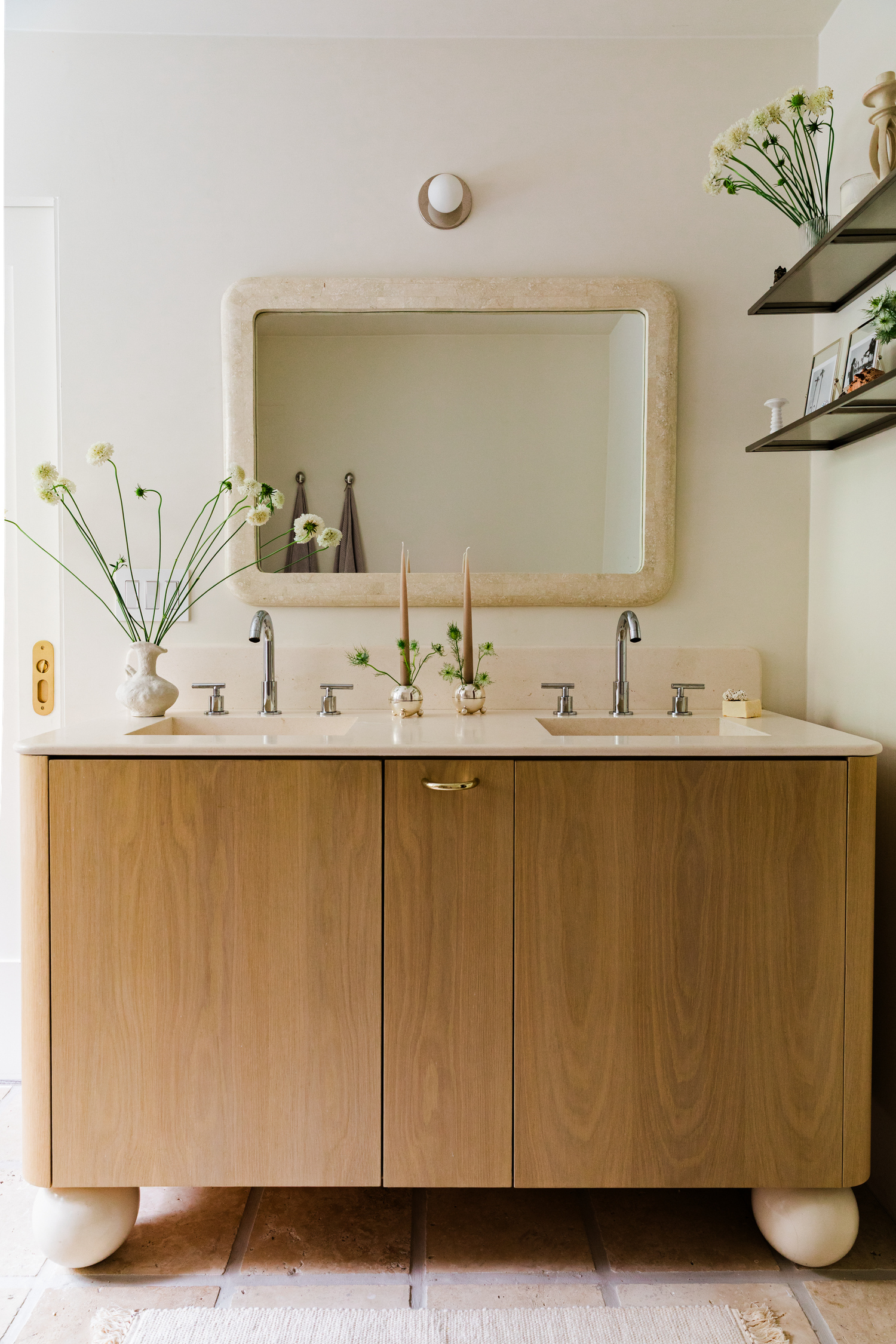 Bright light and airy primary bath in Los Angeles designed by Asia Ragland Hall with natural wood professionally photographed by Kristen Cox