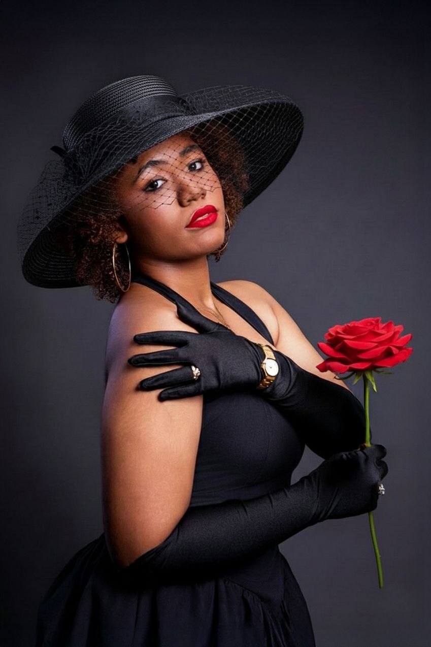 Glamorous figure in black dress and wide-brimmed hat poses dramatically with red rose against dark background.