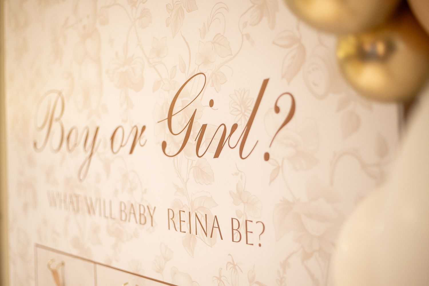 Gender reveal party sign reading Boy or Girl? What Will Baby Reina Be? with gold balloons on floral background.