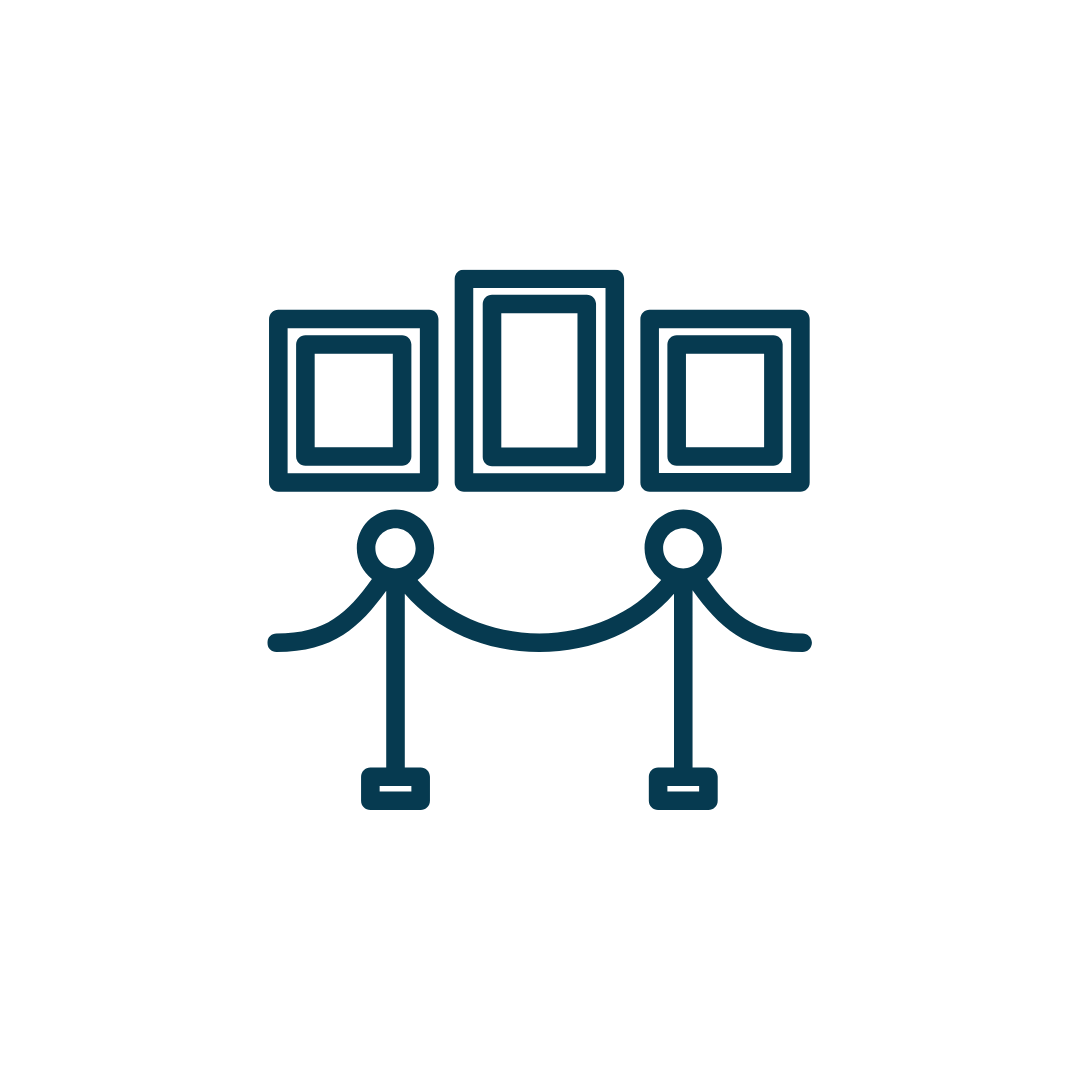 Blue icons depicting theatre curtains and audience symbols.